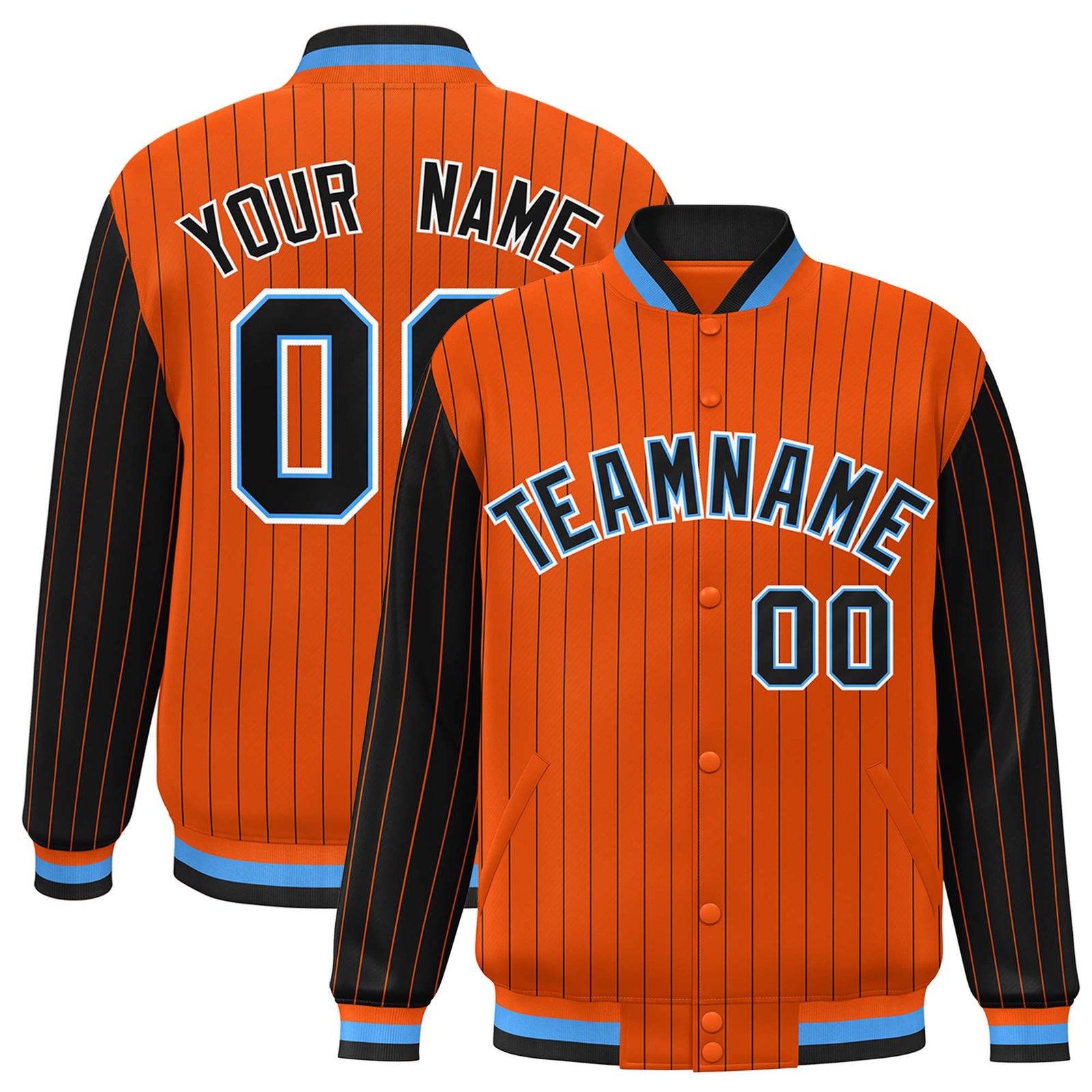 Custom Orange Black Pinstripe Powder-Blue Black Bomber Full-Snap Varsity Letterman Jacket