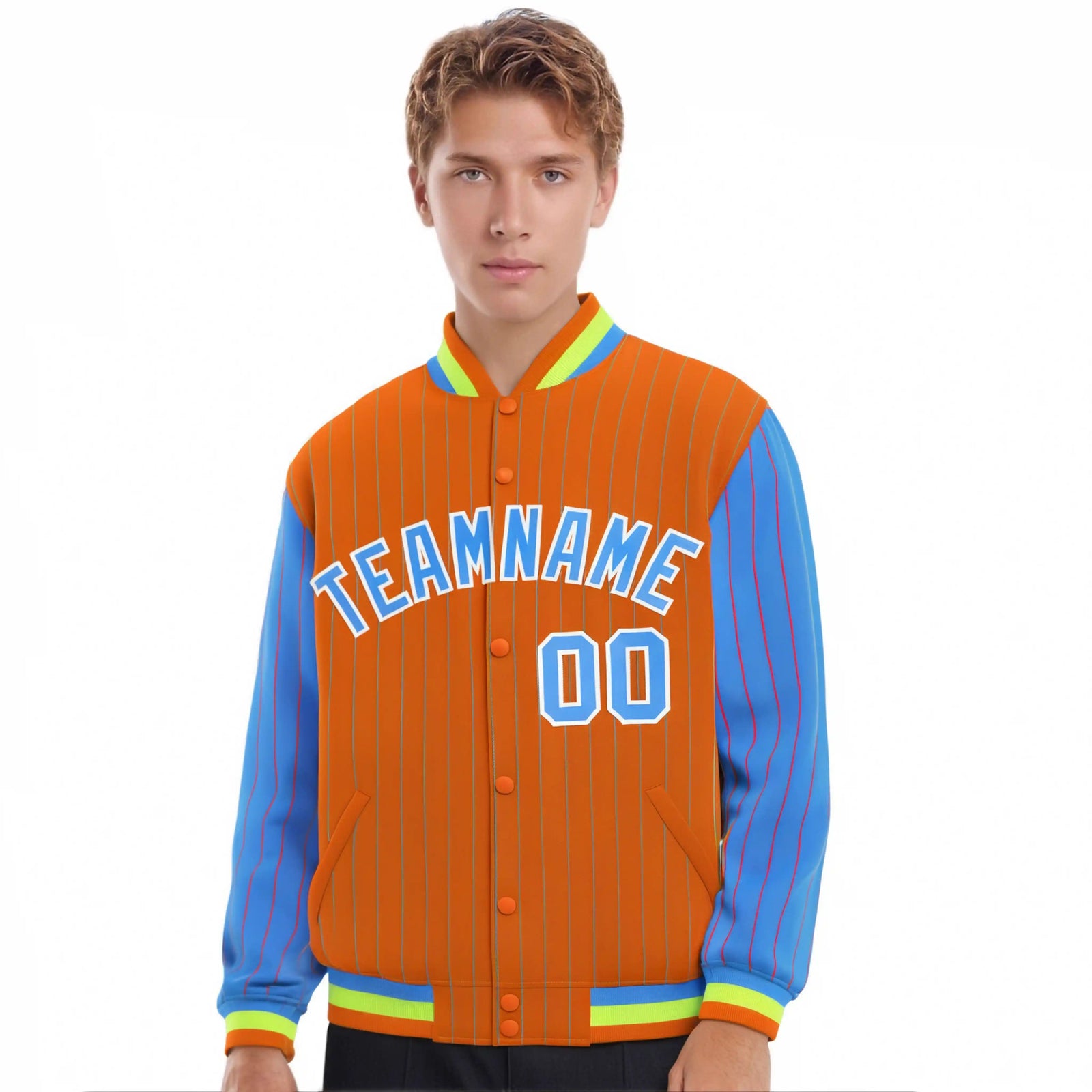Custom Orange Powder-Blue Pinstripe White Powder-Blue Bomber Full-Snap Varsity Letterman Jacket