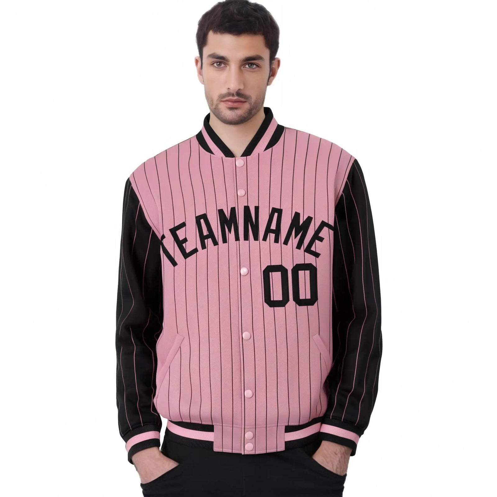 Custom Light-Pink Black Pinstripe Black Bomber Full-Snap Varsity Letterman Jacket