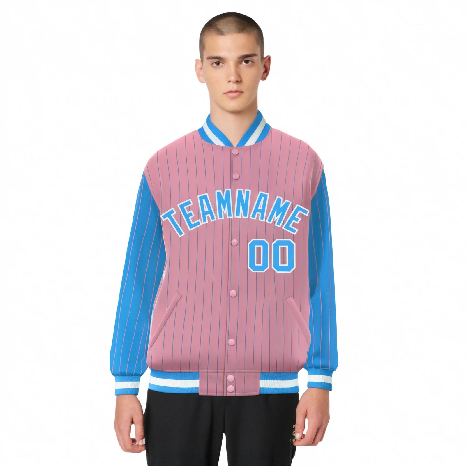 Custom Light-Pink Powder-Blue Pinstripe White Powder-Blue Bomber Full-Snap Varsity Letterman Jacket
