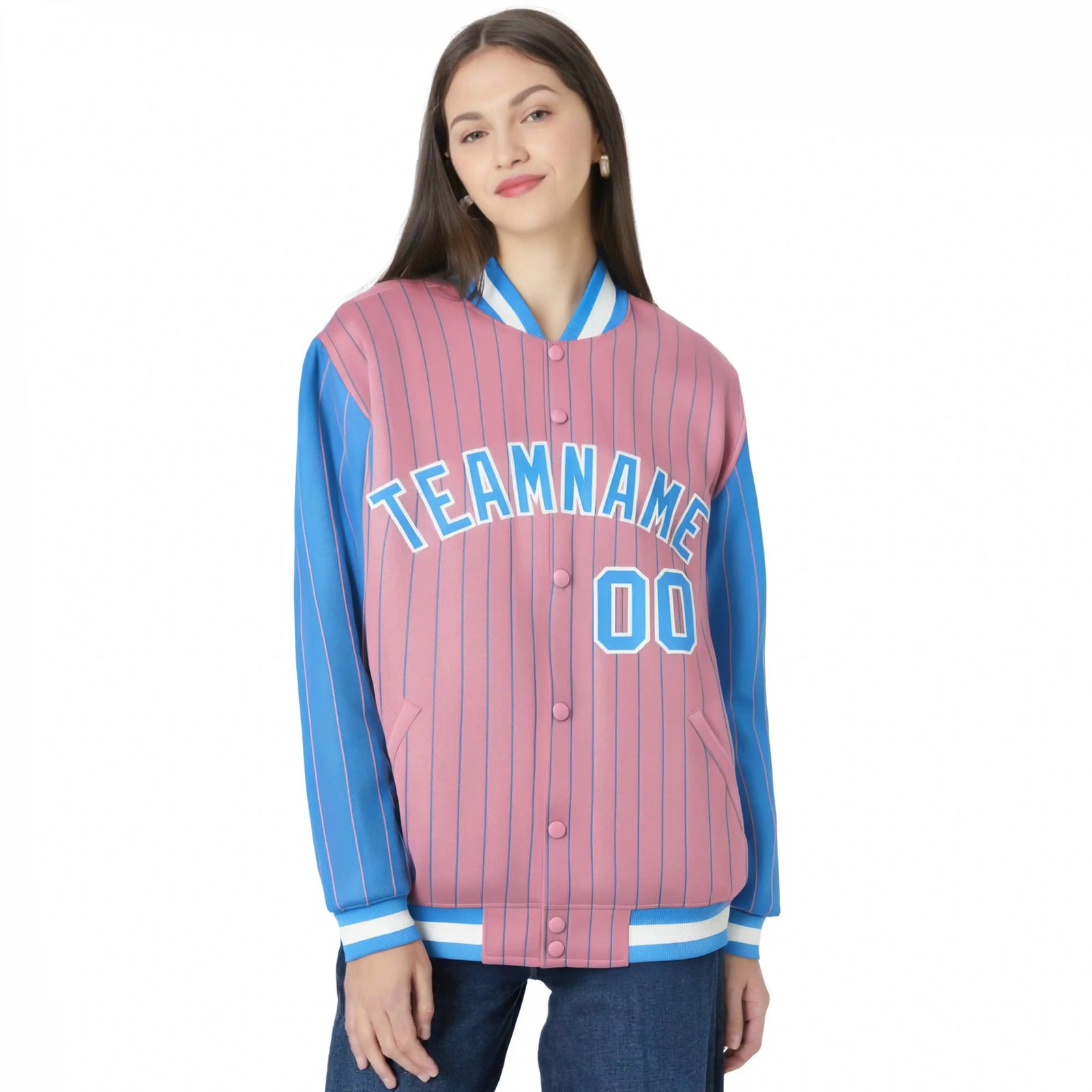 Custom Light-Pink Powder-Blue Pinstripe White Powder-Blue Bomber Full-Snap Varsity Letterman Jacket
