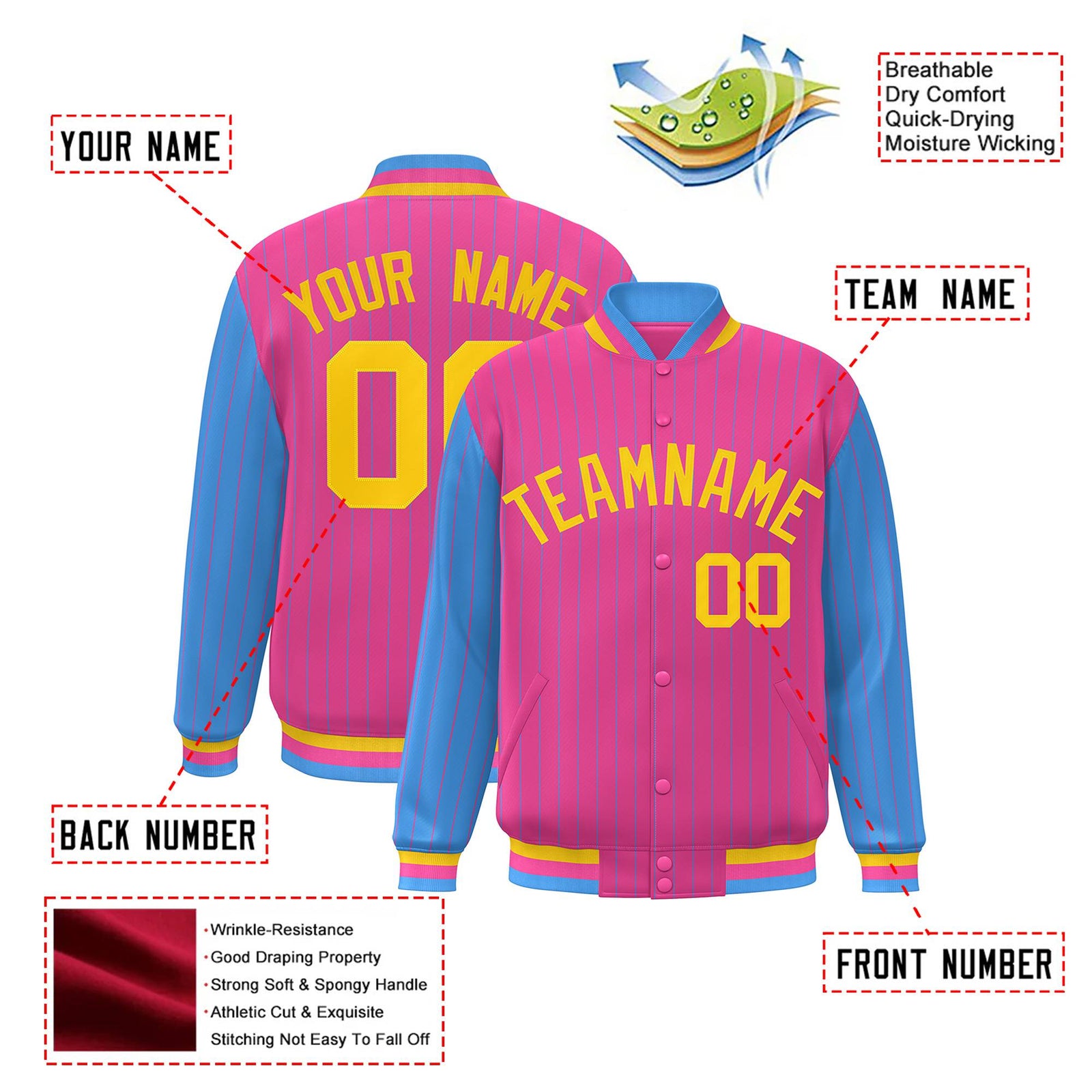 Custom Pink Powder-Blue Pinstripe Gold Bomber Full-Snap Varsity Letterman Jacket