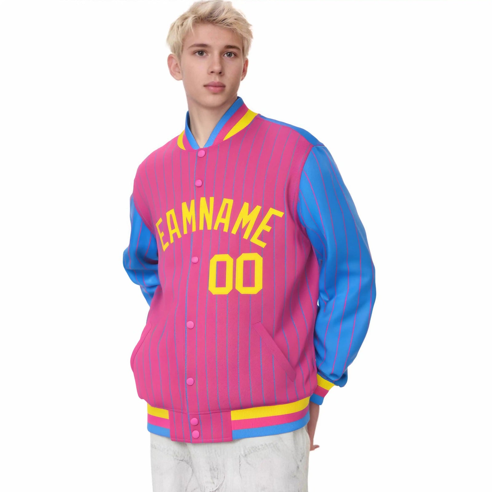 Custom Pink Powder-Blue Pinstripe Gold Bomber Full-Snap Varsity Letterman Jacket