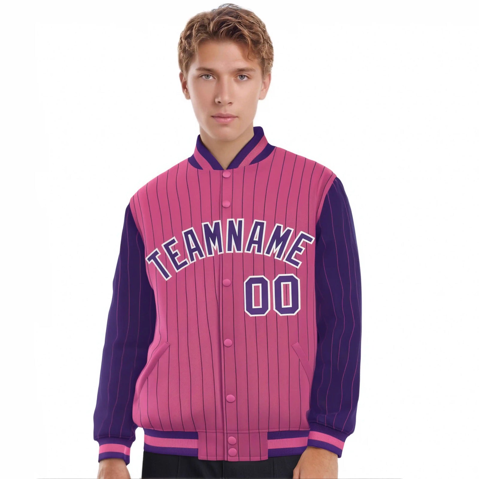 Custom Pink Purple Pinstripe White-Purple Bomber Full-Snap Varsity Letterman Jacket