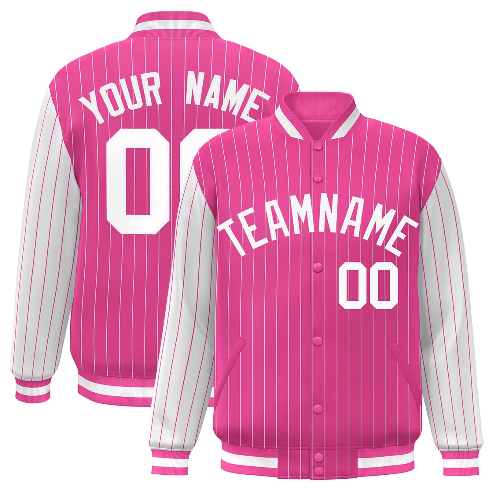 Custom Pink White Pinstripe White Bomber Full-Snap Varsity Letterman Jacket
