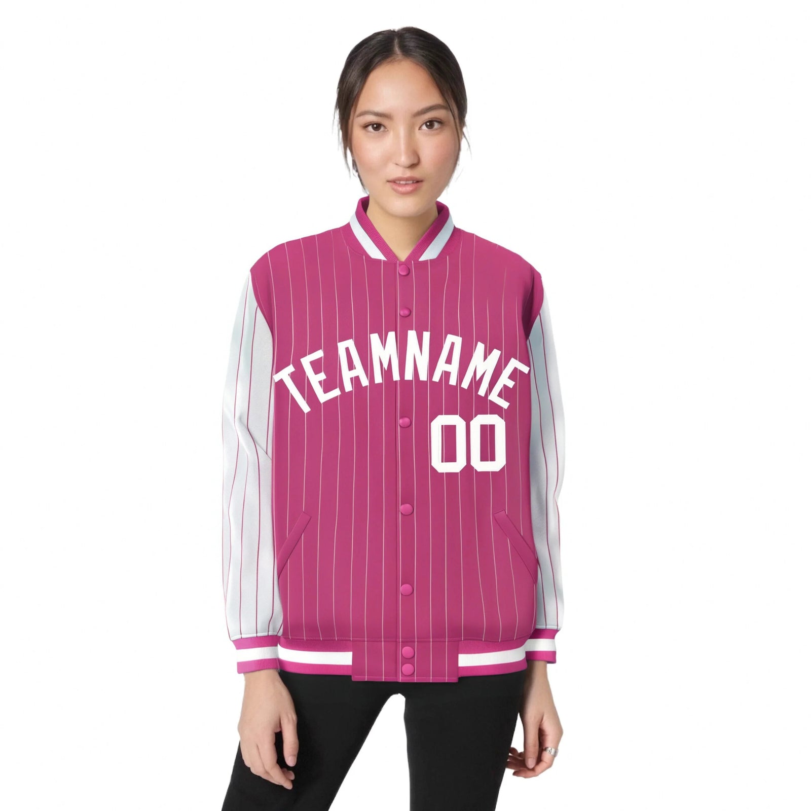 Custom Pink White Pinstripe White Bomber Full-Snap Varsity Letterman Jacket