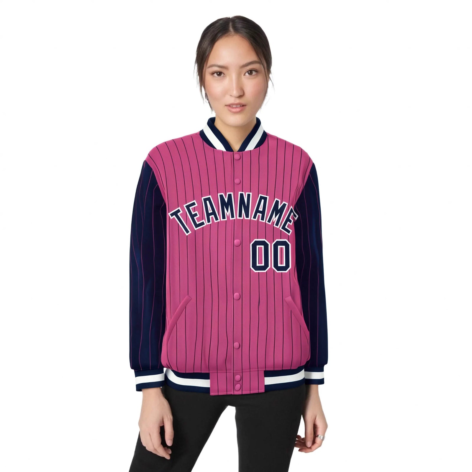 Custom Pink Navy Pinstripe White-Navy Bomber Full-Snap Varsity Letterman Jacket