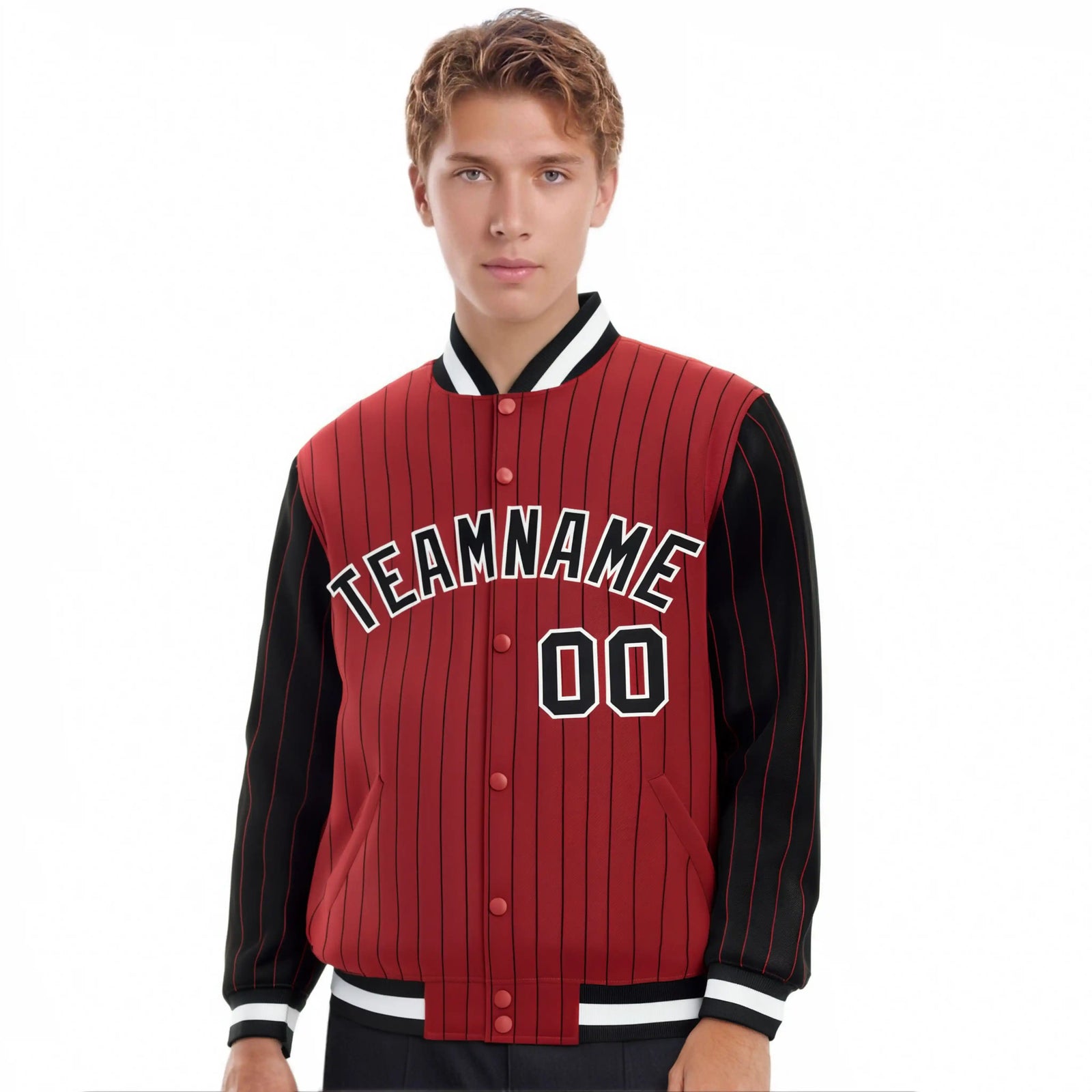Custom Red Black Pinstripe White-Black Bomber Full-Snap Varsity Letterman Jacket