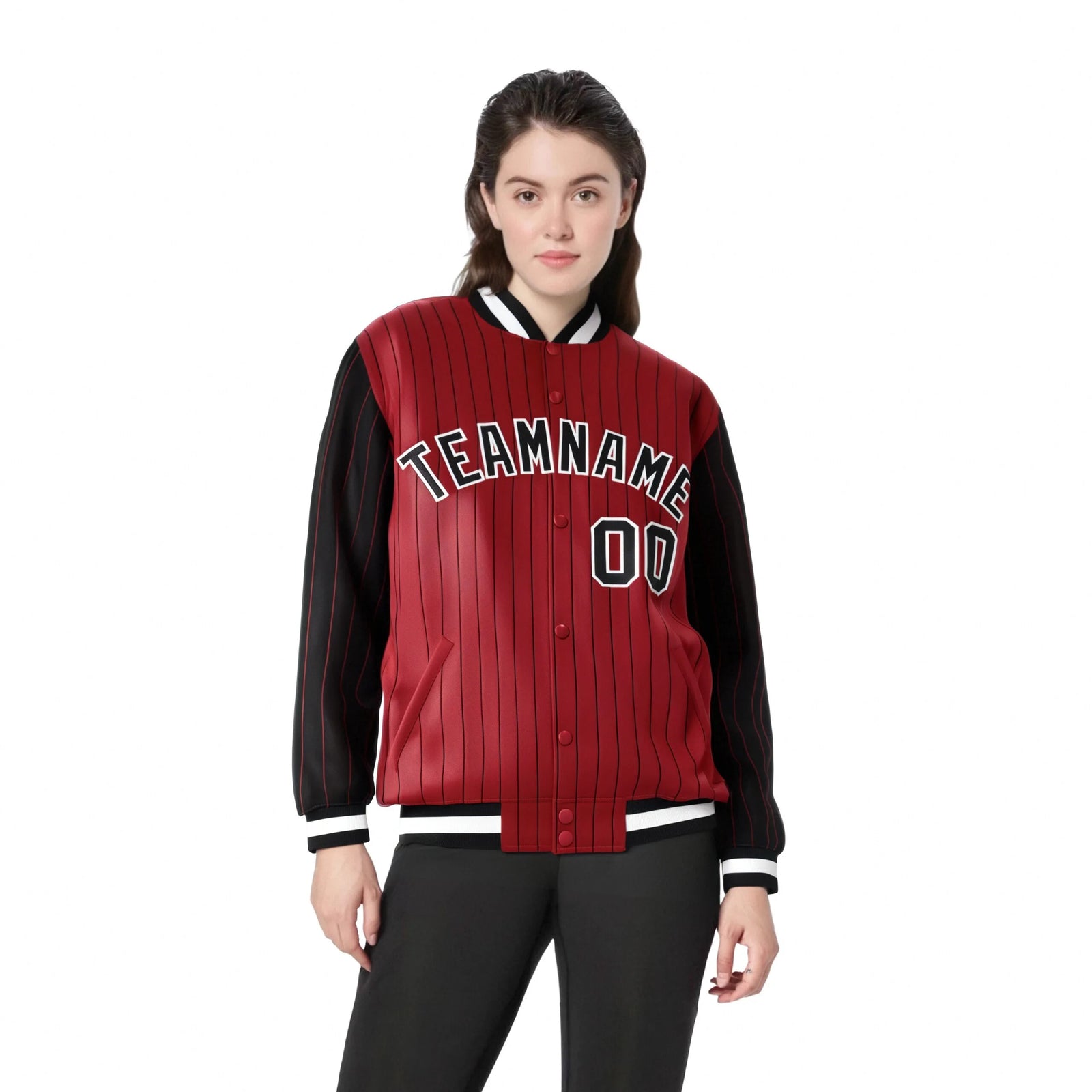 Custom Red Black Pinstripe White-Black Bomber Full-Snap Varsity Letterman Jacket