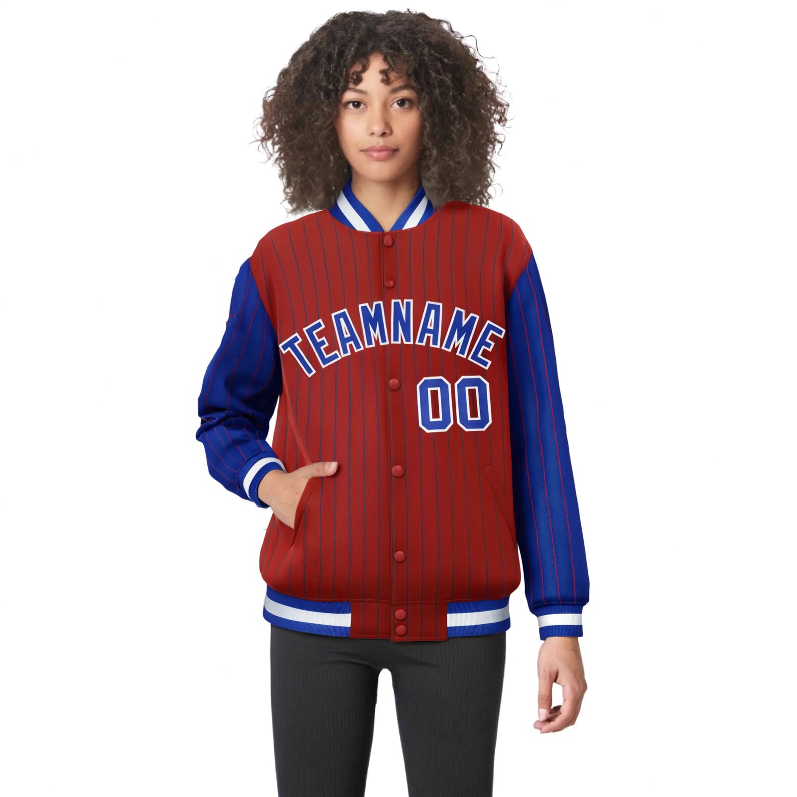 Custom Red Royal-Blue Pinstripe White Royal-Blue Bomber Full-Snap Varsity Letterman Jacket