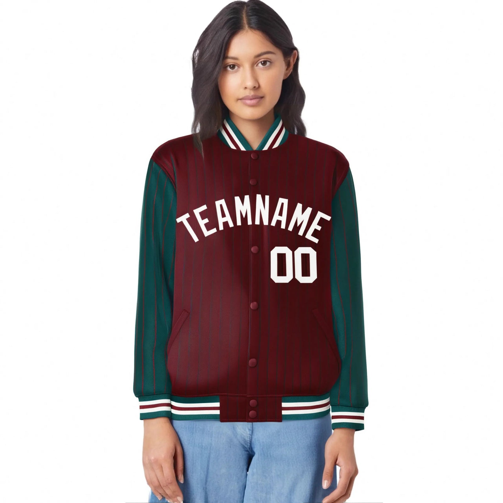 Custom Crimson-Green Pinstripe White Bomber Full-Snap Varsity Letterman Jacket