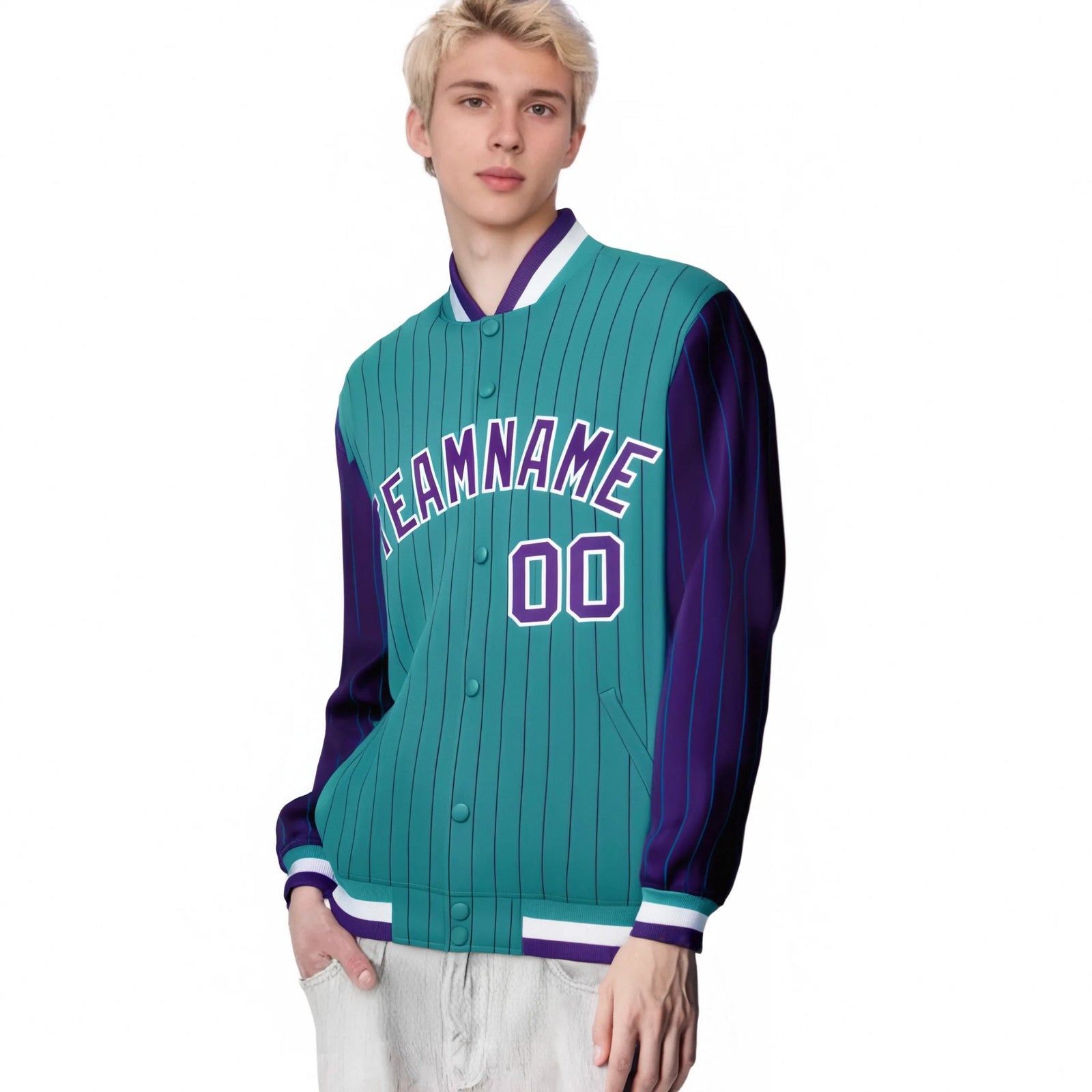 Custom Aqua Purple Pinstripe White-Purple Bomber Full-Snap Varsity Letterman Jacket