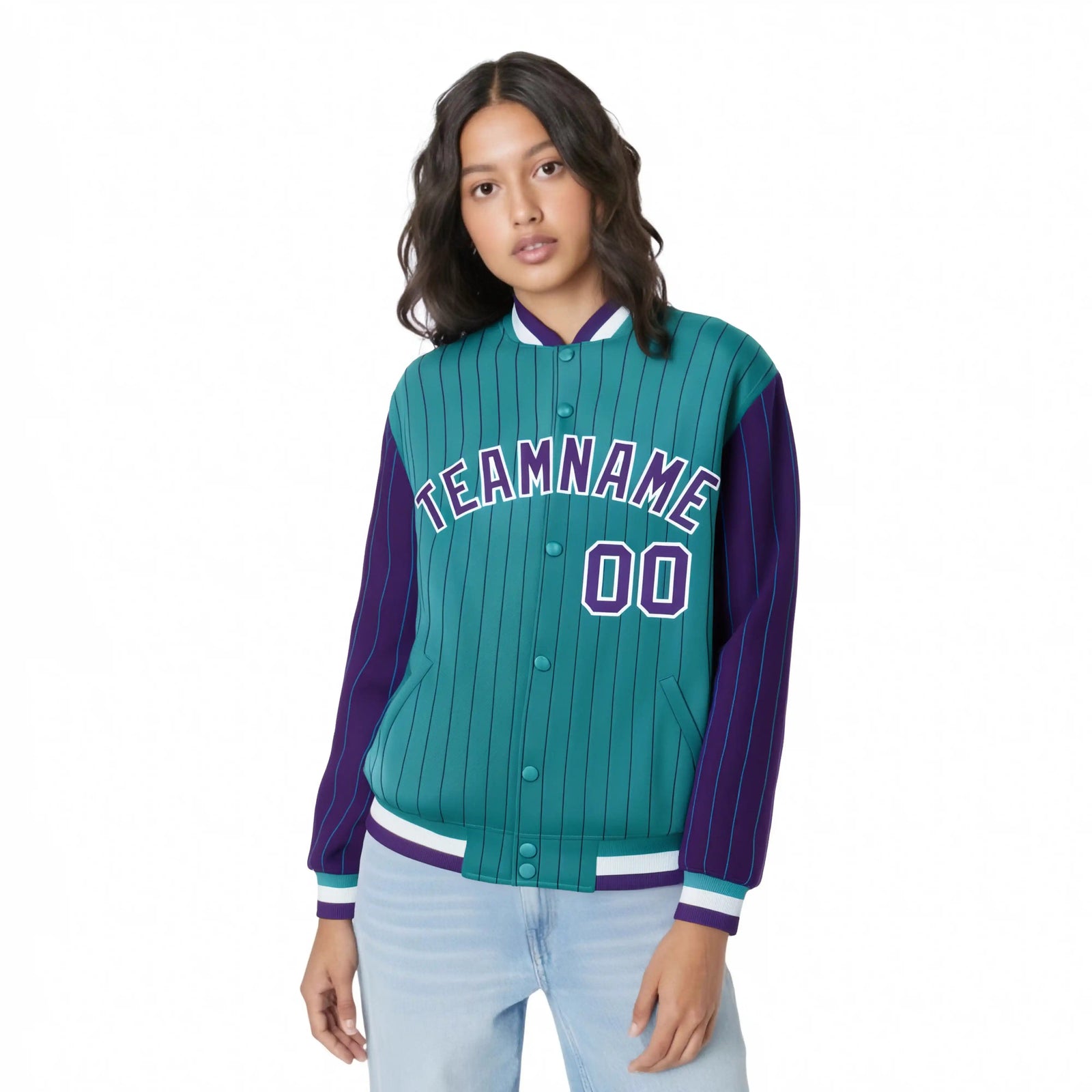 Custom Aqua Purple Pinstripe White-Purple Bomber Full-Snap Varsity Letterman Jacket