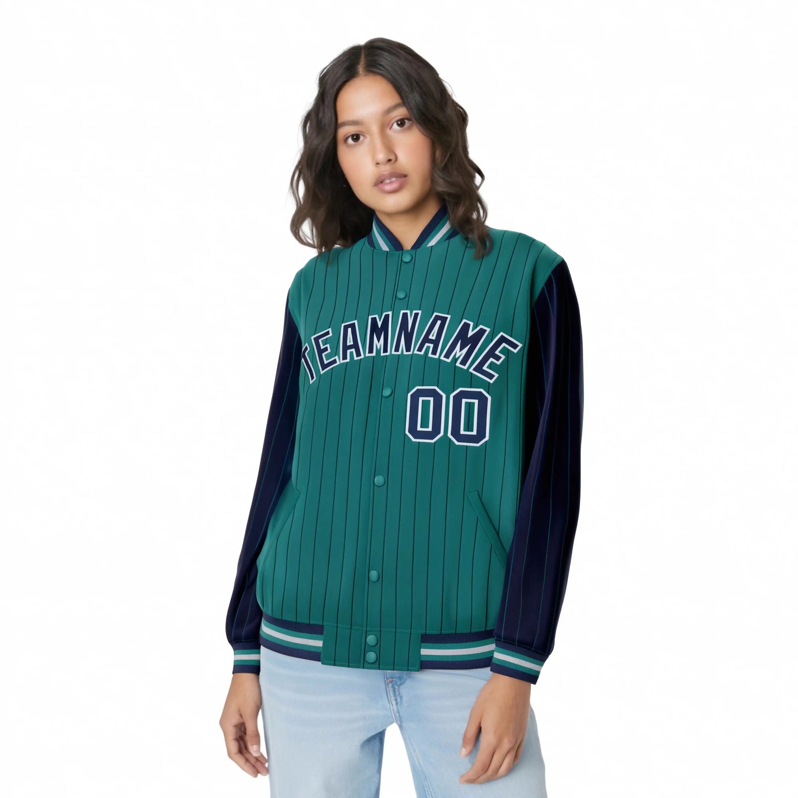 Custom Midnight Green Navy Pinstripe Gray-Navy Bomber Full-Snap Varsity Letterman Jacket