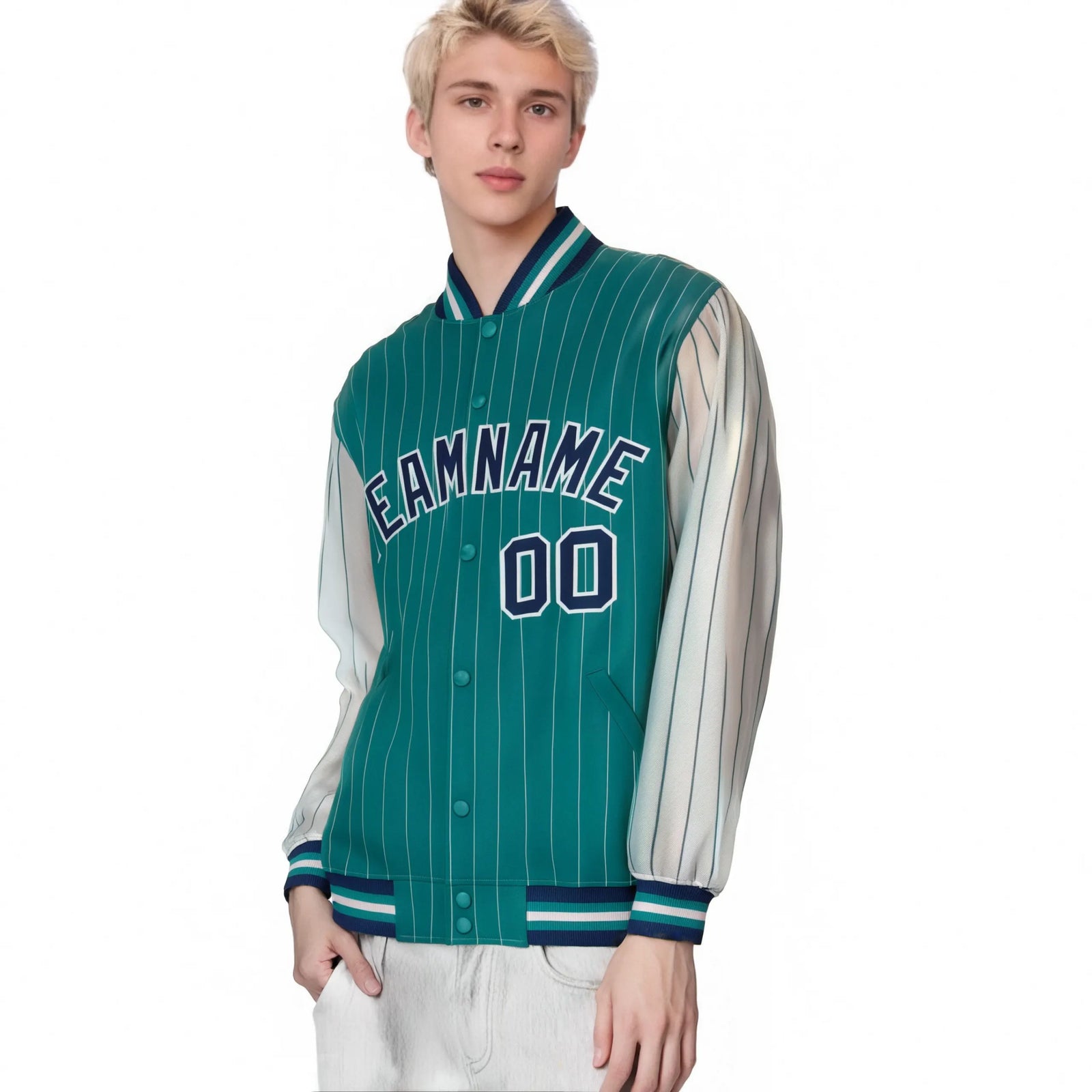 Custom Green Gray Pinstripe Gray-Navy Bomber Full-Snap Varsity Letterman Jacket