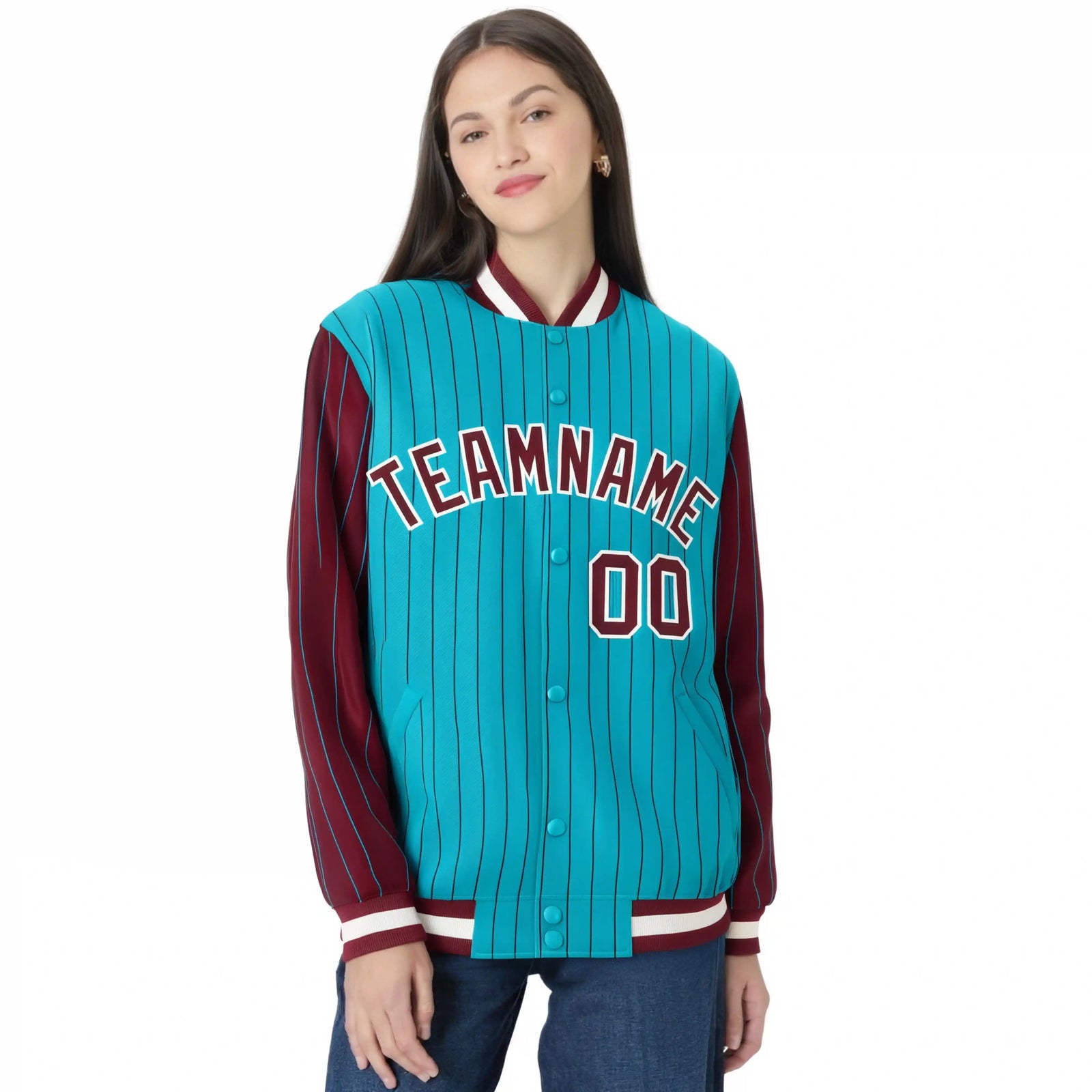Custom Aqua Crimson Pinstripe White-Crimson Bomber Full-Snap Varsity Letterman Jacket