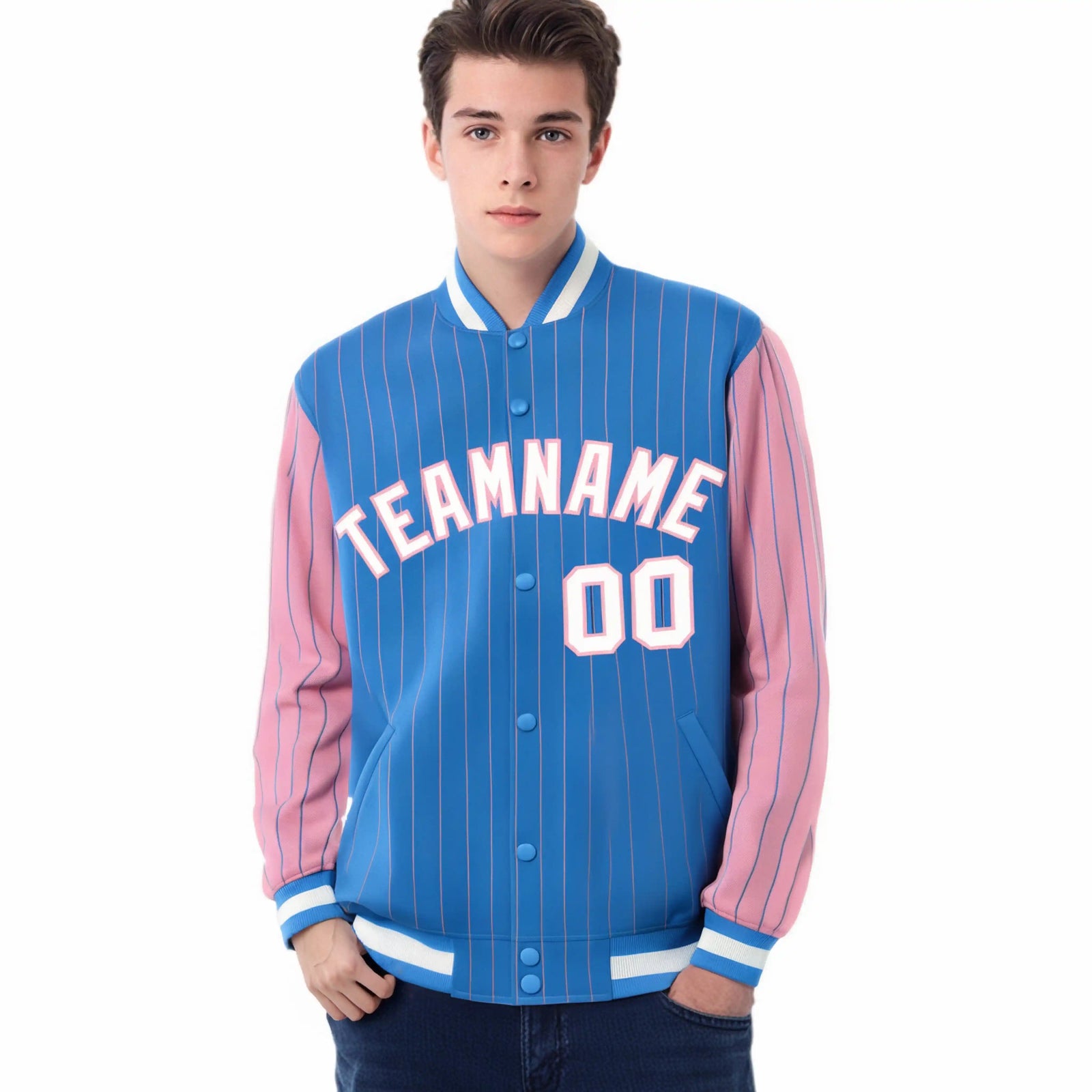 Custom Light Blue Light-Pink Pinstripe White Light-Pink Bomber Full-Snap Varsity Letterman Jacket