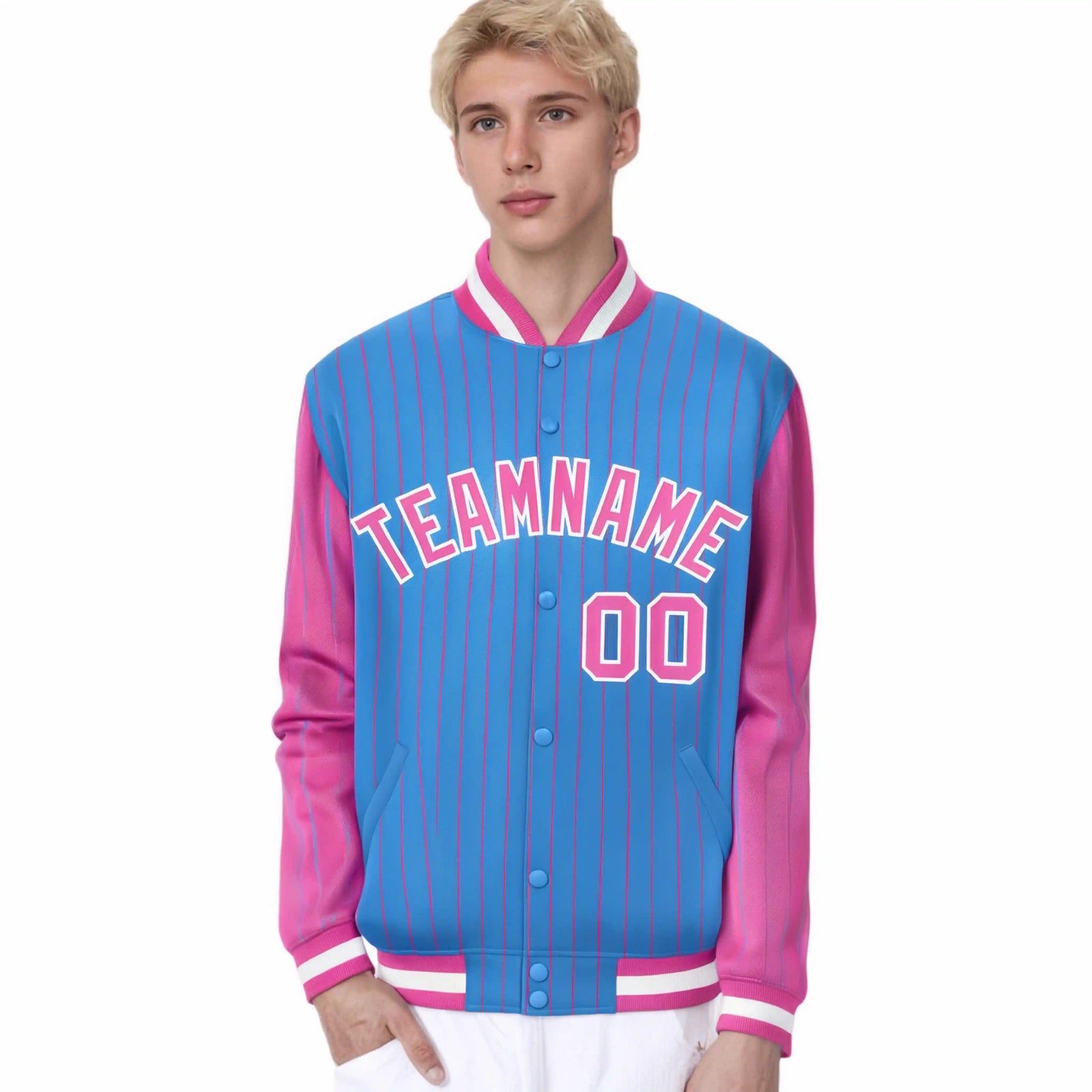 Custom Powder Blue Pink Pinstripe White-Pink Bomber Full-Snap Varsity Letterman Jacket
