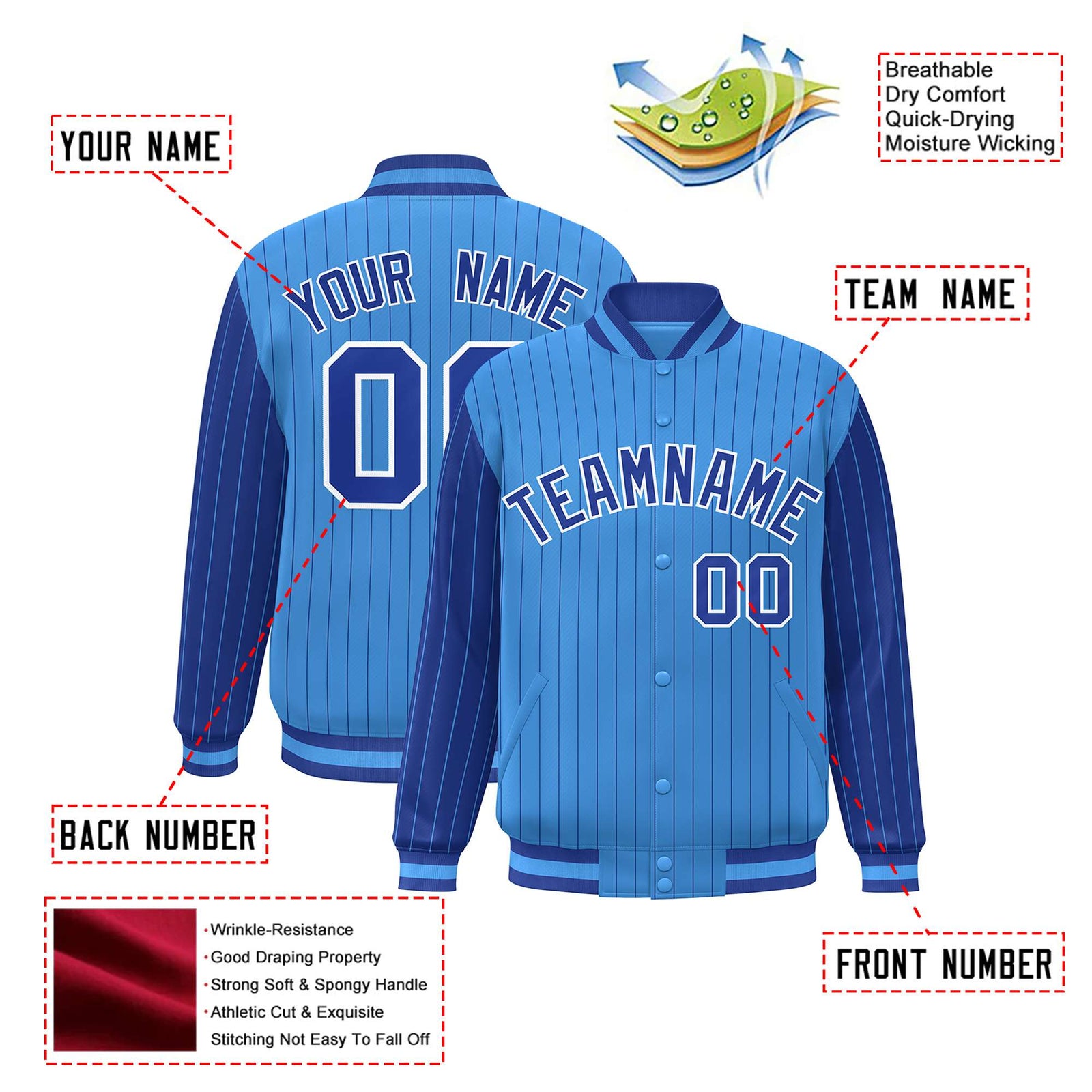 Custom Powder Blue Royal-Blue Pinstripe White Royal-Blue Bomber Full-Snap Varsity Letterman Jacket