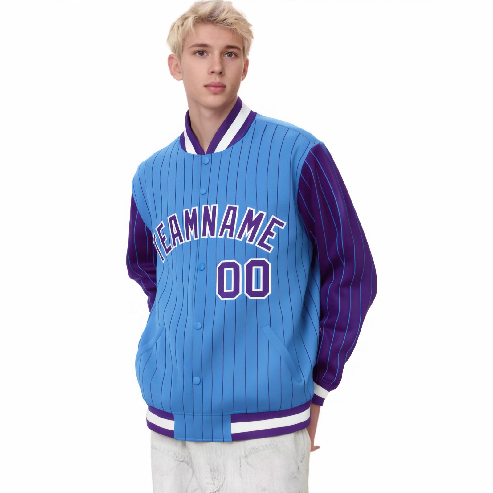 Custom Powder Blue Purple Pinstripe White-Purple Bomber Full-Snap Varsity Letterman Jacket