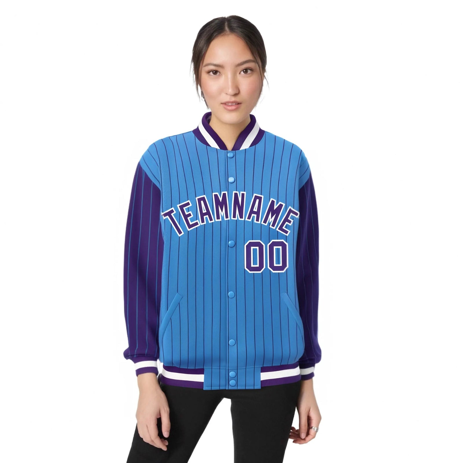 Custom Powder Blue Purple Pinstripe White-Purple Bomber Full-Snap Varsity Letterman Jacket