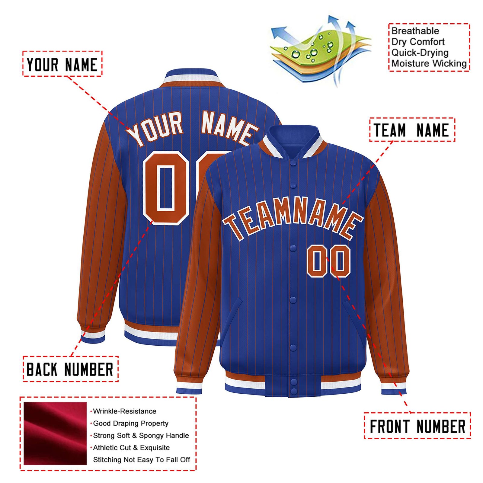 Custom Royal-Blue Brown Pinstripe White-Brown Bomber Full-Snap Varsity Letterman Jacket