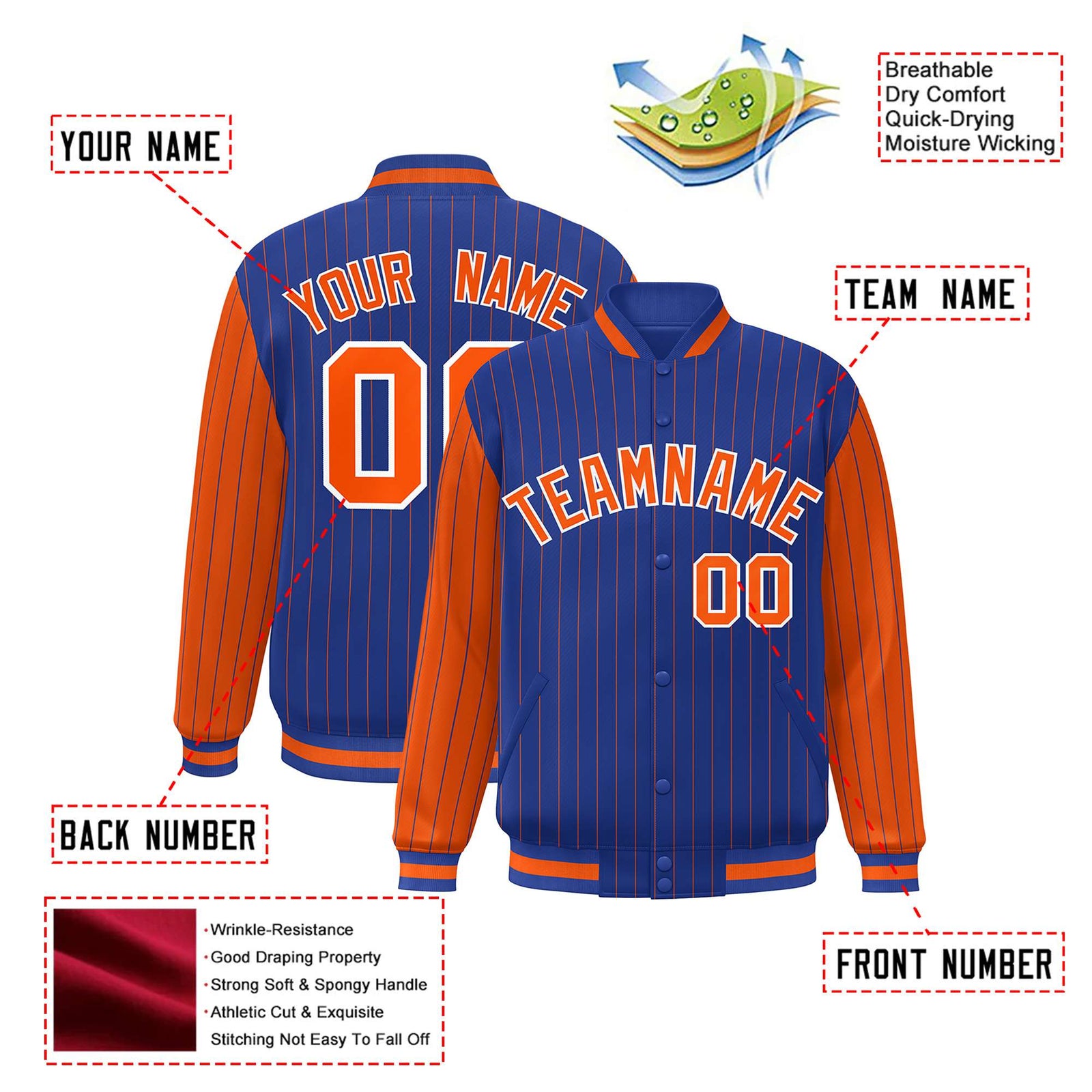 Custom Royal-Blue Orange Pinstripe White-Orange Bomber Full-Snap Varsity Letterman Jacket