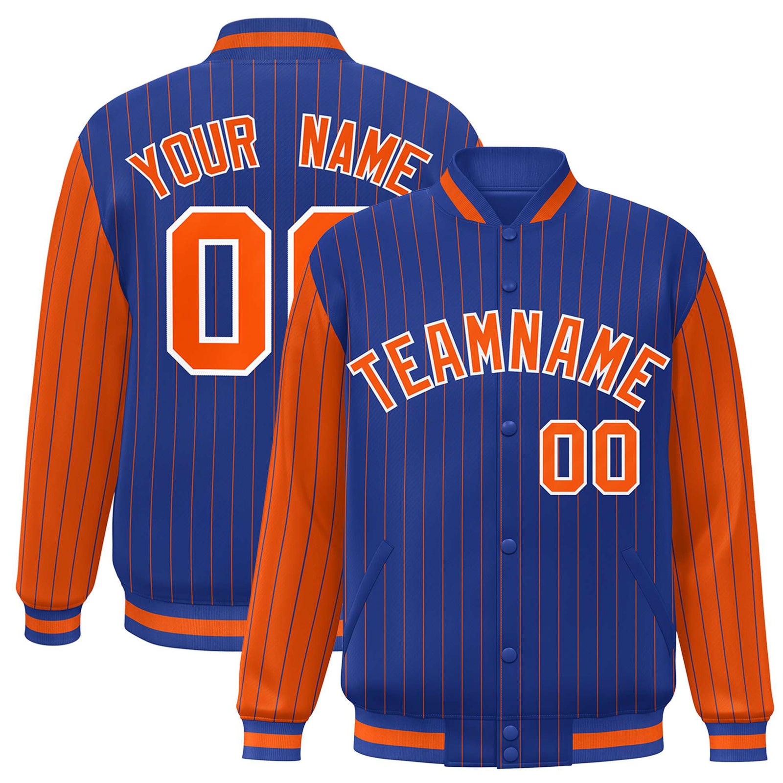 Custom Royal-Blue Orange Pinstripe White-Orange Bomber Full-Snap Varsity Letterman Jacket