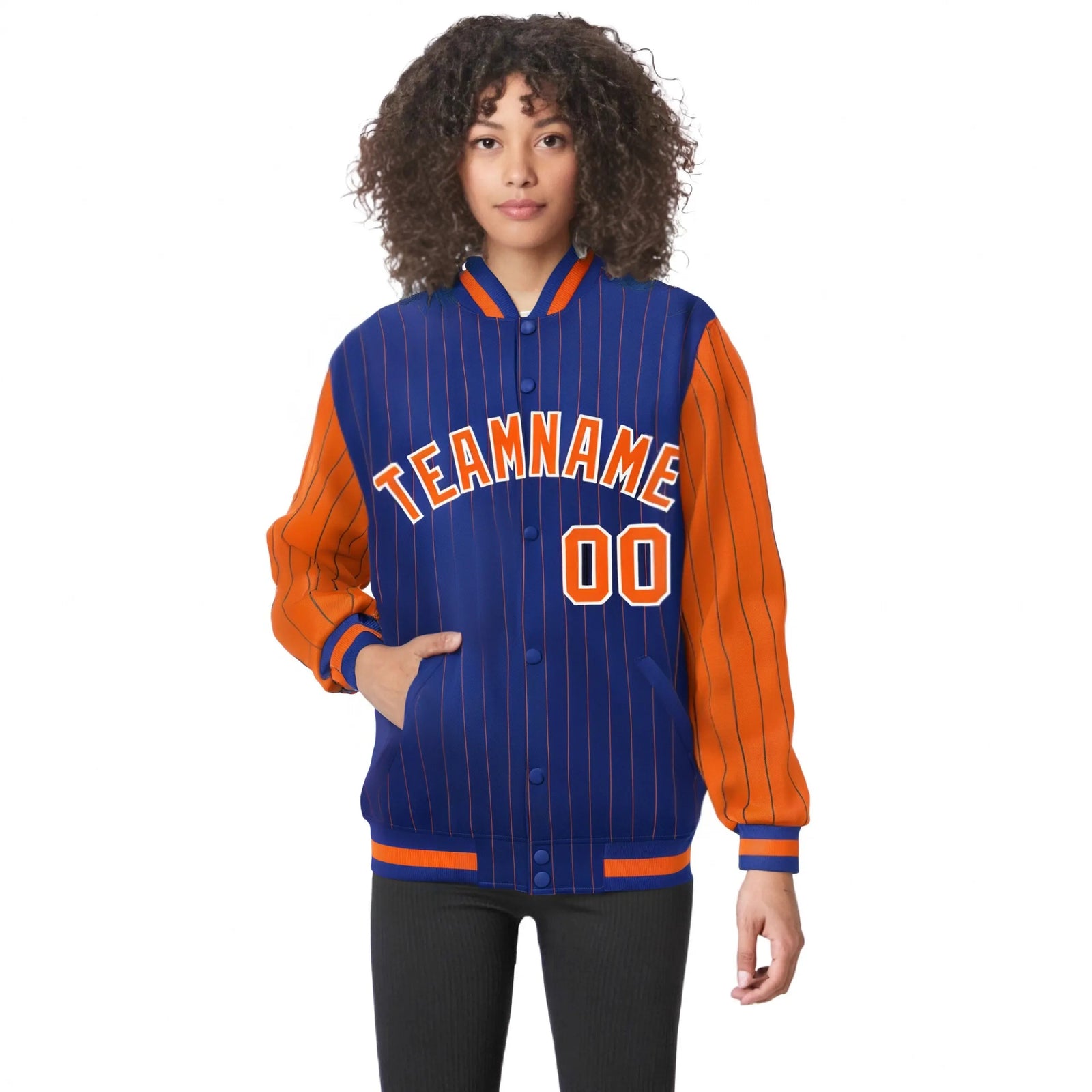Custom Royal-Blue Orange Pinstripe White-Orange Bomber Full-Snap Varsity Letterman Jacket