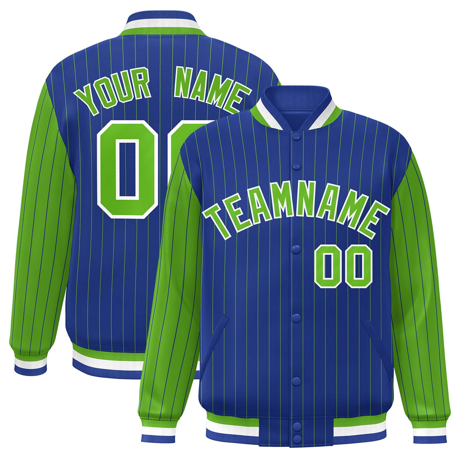 Custom Royal-Blue Neon-Green Pinstripe White Neon-Green Bomber Full-Snap Varsity Letterman Jacket