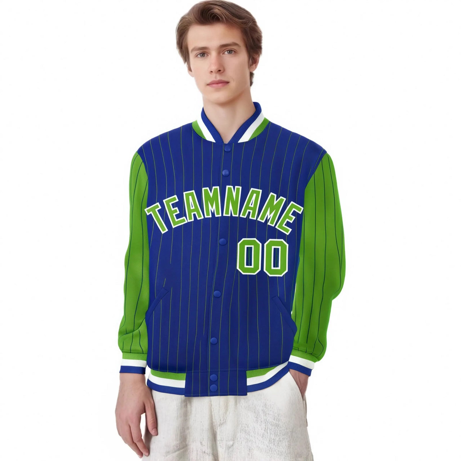 Custom Royal-Blue Neon-Green Pinstripe White Neon-Green Bomber Full-Snap Varsity Letterman Jacket