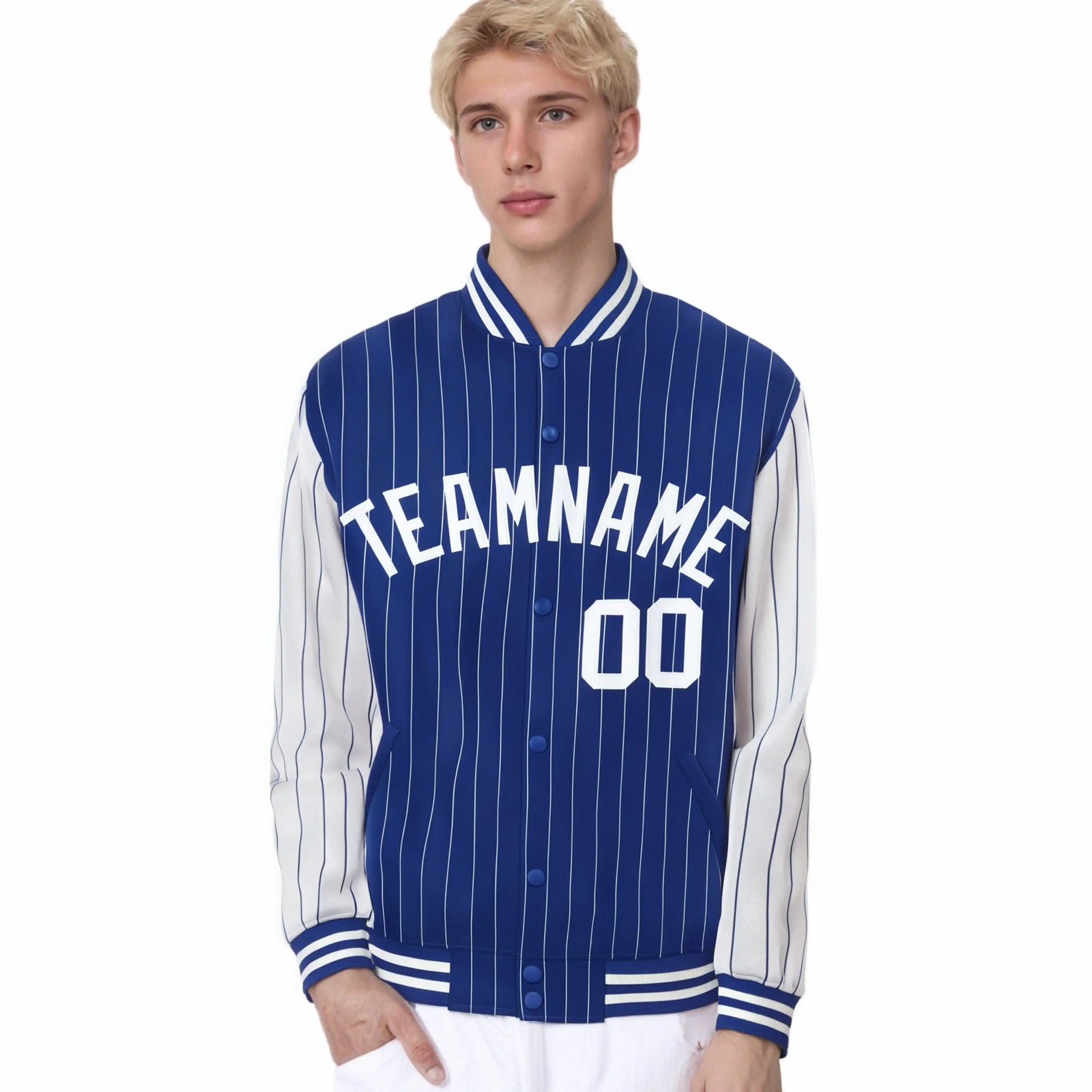 Custom Royal-Blue White Pinstripe White Bomber Full-Snap Varsity Letterman Jacket