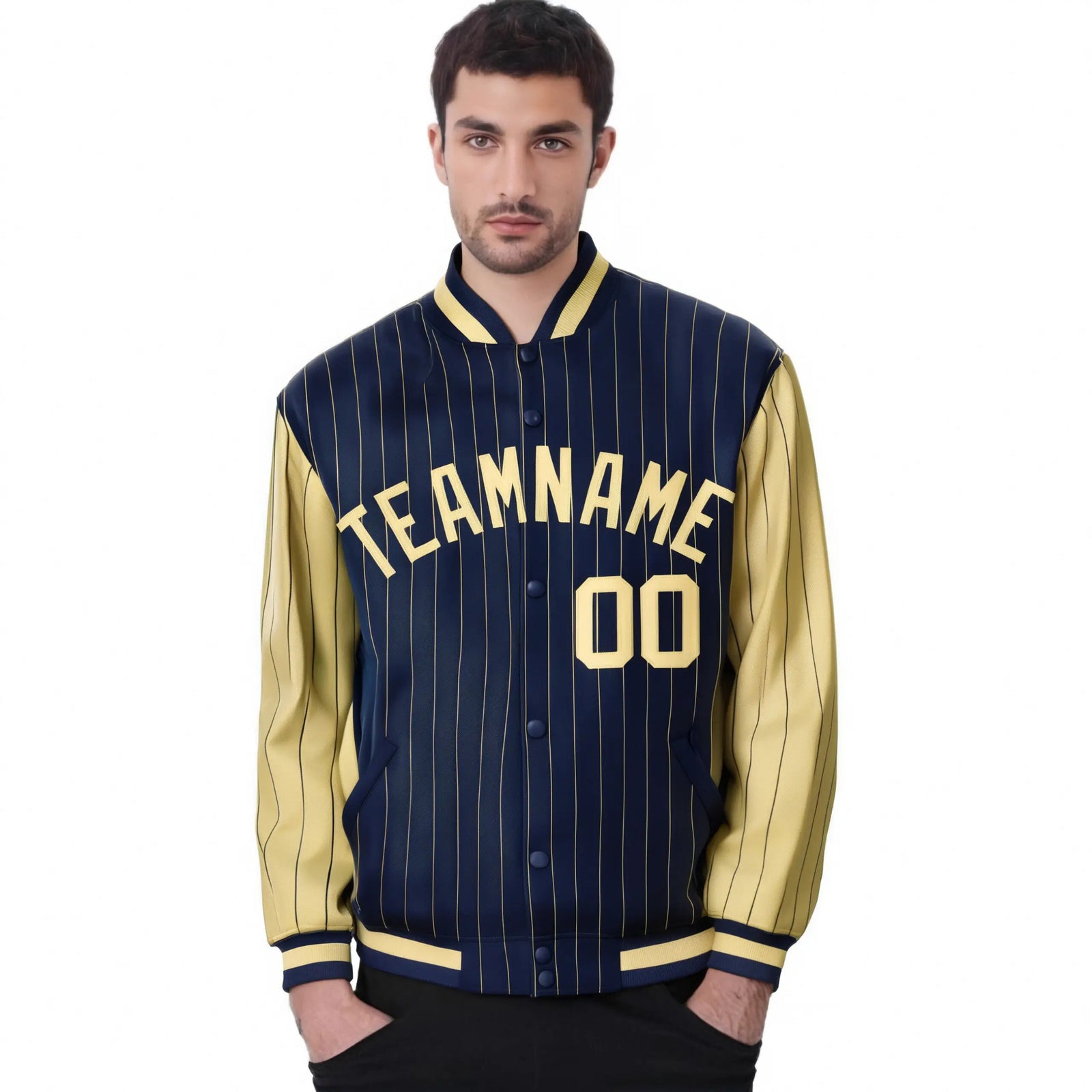 Custom Navy Old-Gold Pinstripe Old-Gold Bomber Full-Snap Varsity Letterman Jacket