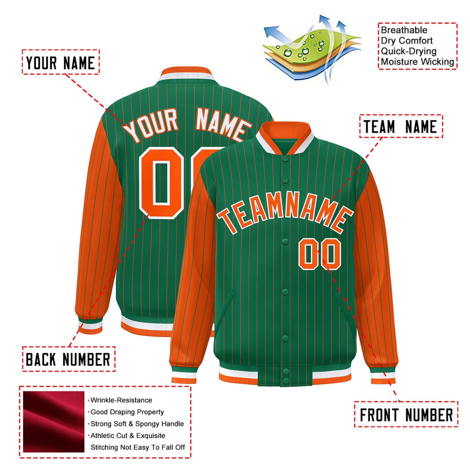 Custom Kelly Green Orange Pinstripe White-Orange Bomber Full-Snap Varsity Letterman Jacket