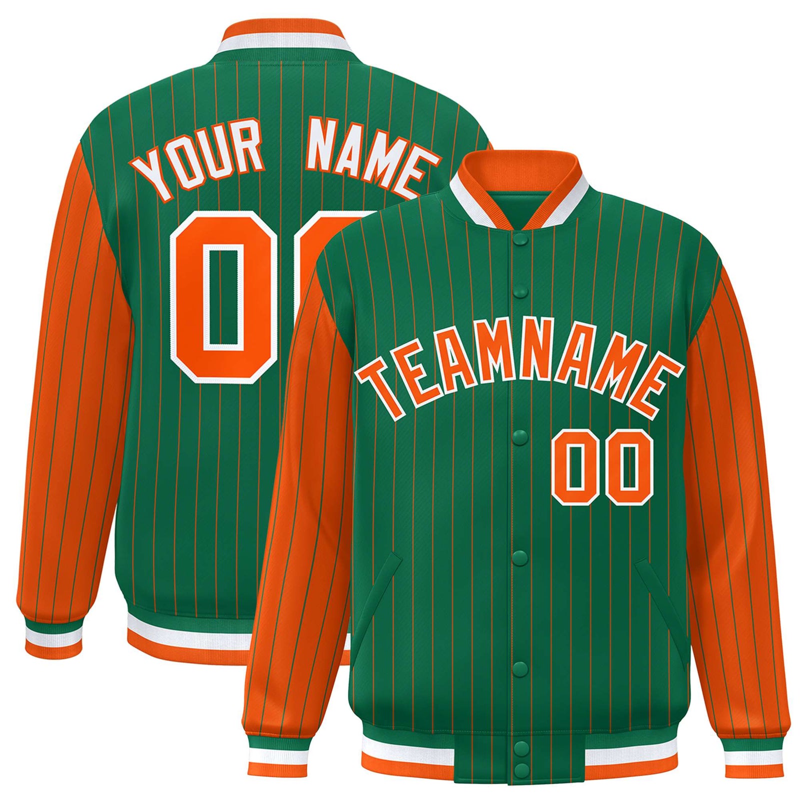 Custom Kelly Green Orange Pinstripe White-Orange Bomber Full-Snap Varsity Letterman Jacket