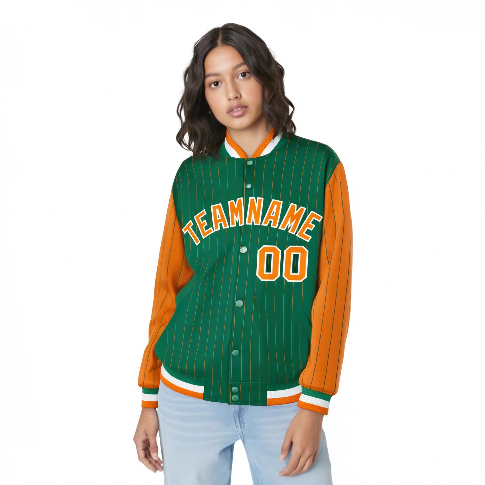 Custom Kelly Green Orange Pinstripe White-Orange Bomber Full-Snap Varsity Letterman Jacket