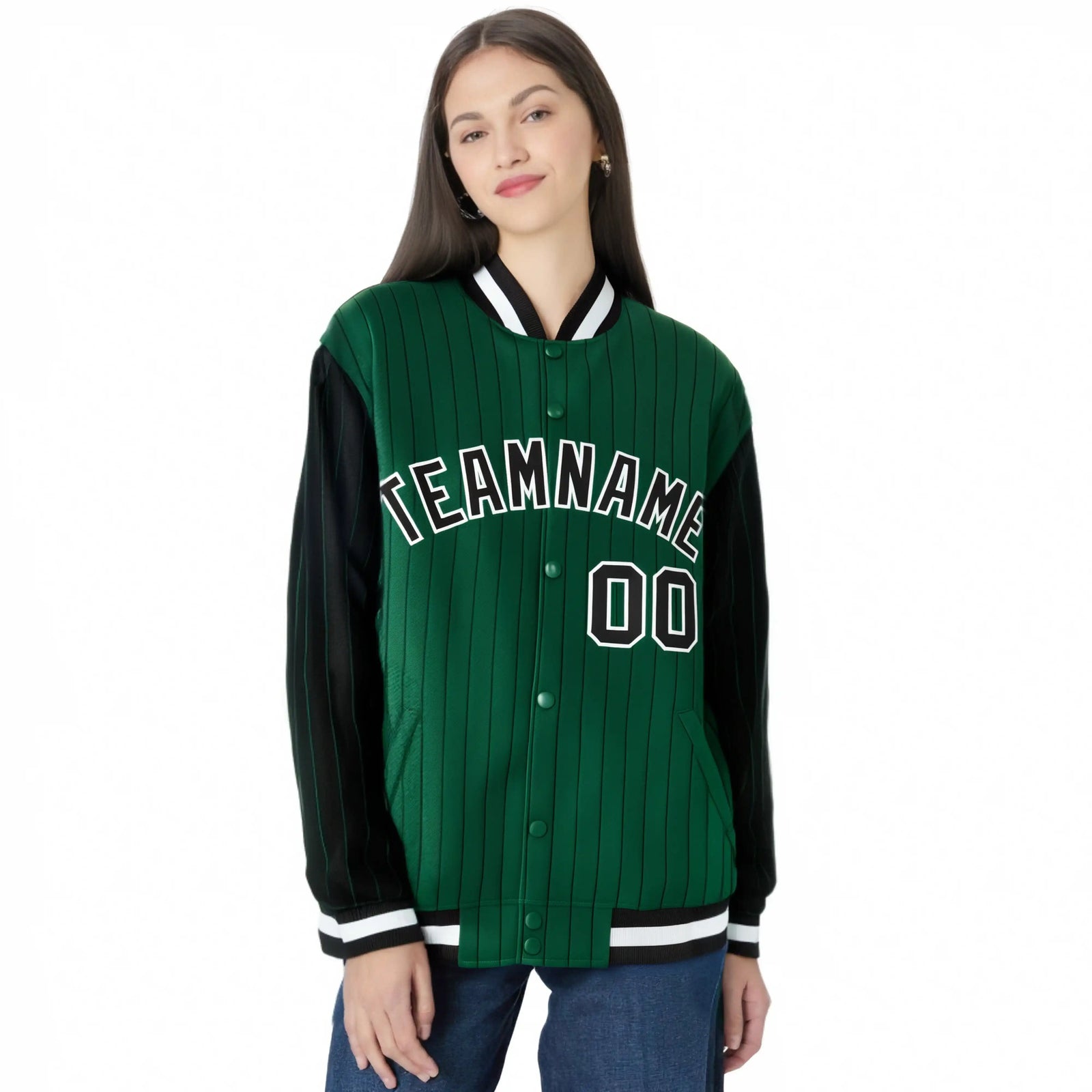 Custom Kelly Green Black Pinstripe White-Black Bomber Full-Snap Varsity Letterman Jacket