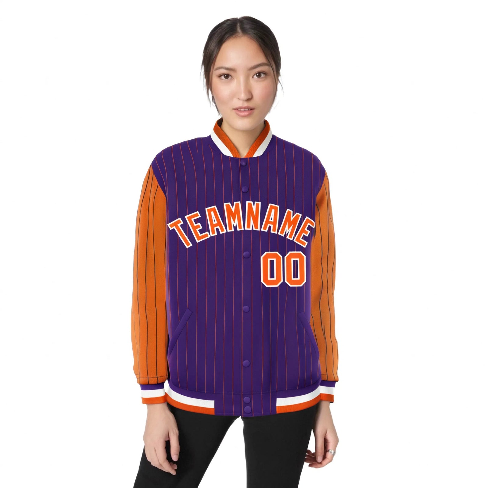 Custom Purple Orange Pinstripe White-Orange Bomber Full-Snap Varsity Letterman Jacket