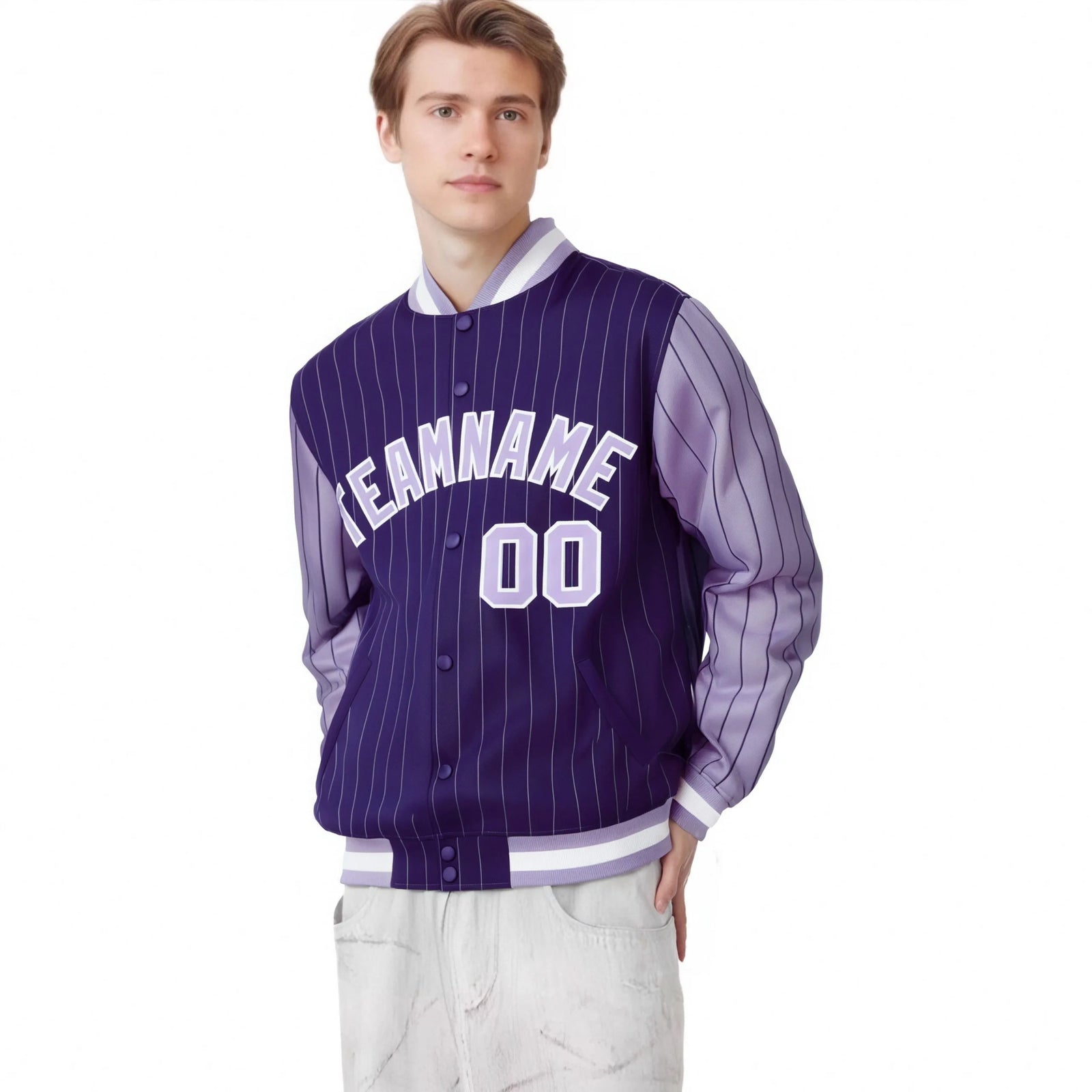 Custom Purple Light-Purple Pinstripe White Light-Purple Bomber Full-Snap Varsity Letterman Jacket