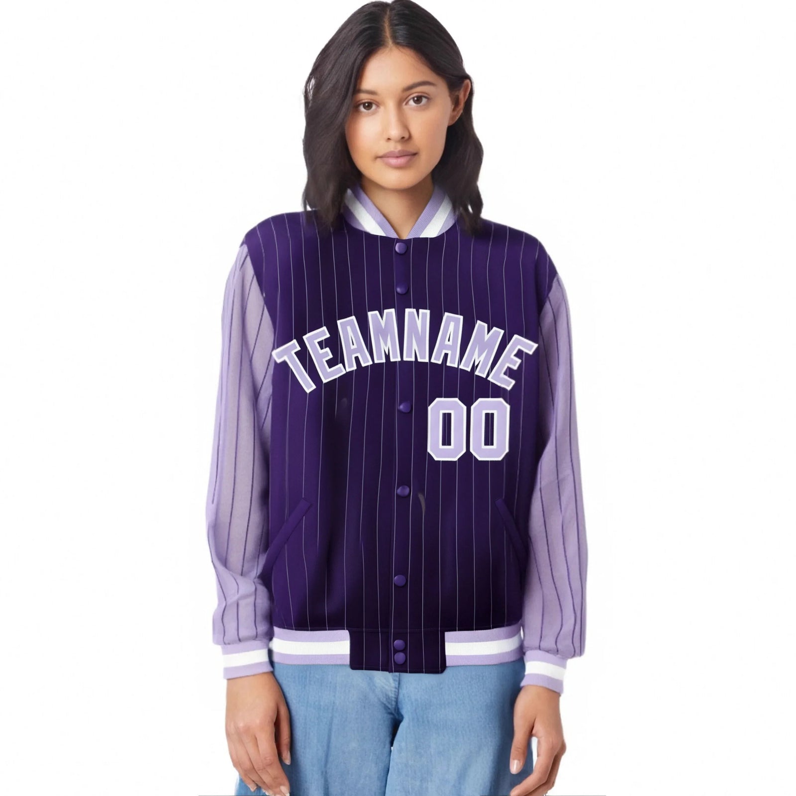 Custom Purple Light-Purple Pinstripe White Light-Purple Bomber Full-Snap Varsity Letterman Jacket