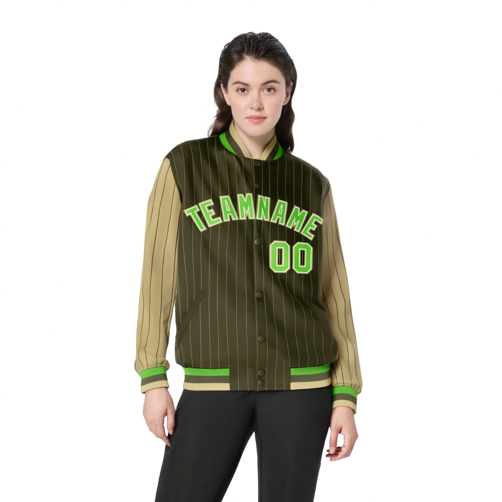 Custom Brown Light-Brown Pinstripe White Neon-Green Bomber Full-Snap Varsity Letterman Jacket