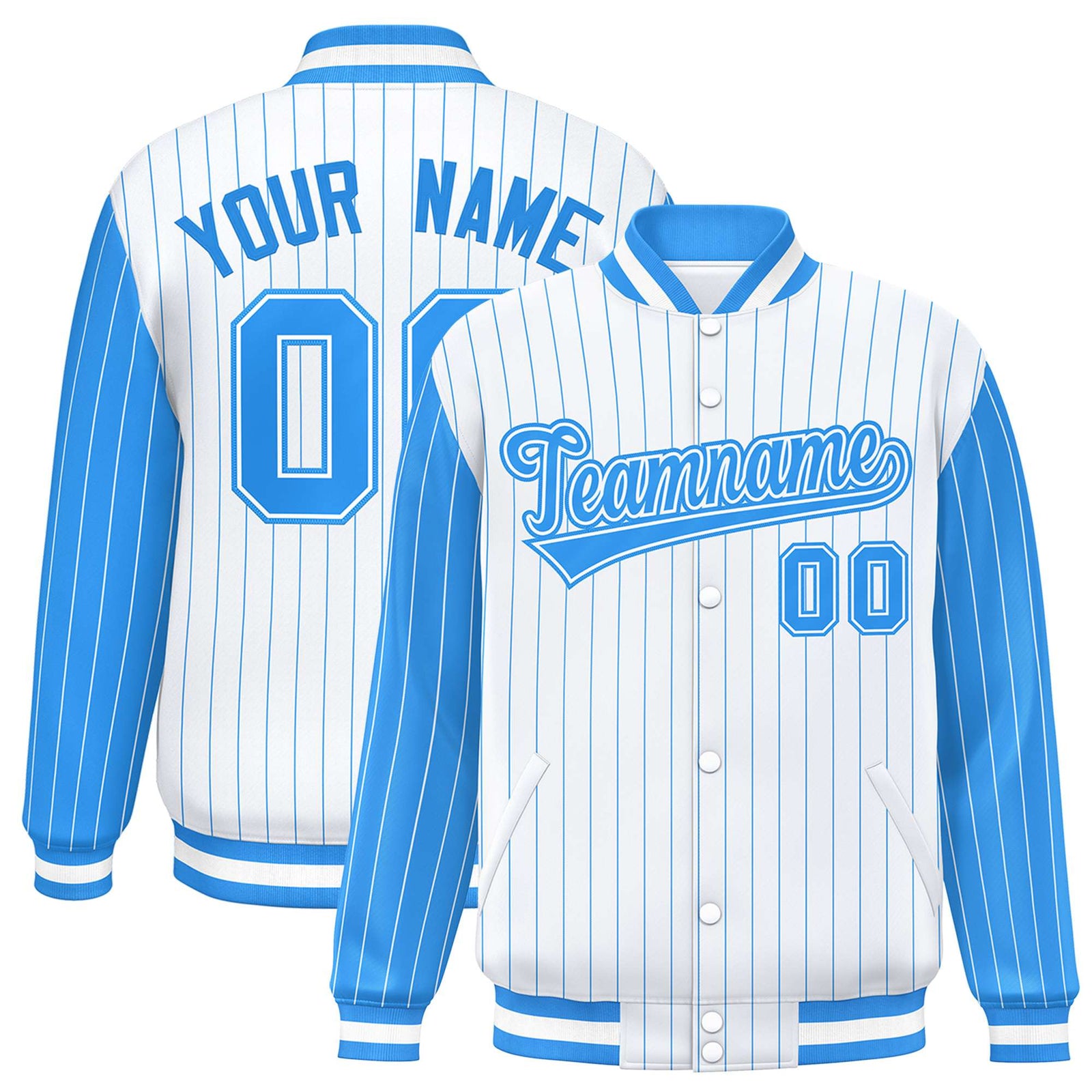 Custom White Powder Blue Pinstripe Powder-Blue White Bomber Full-Snap Varsity Letterman Jacket