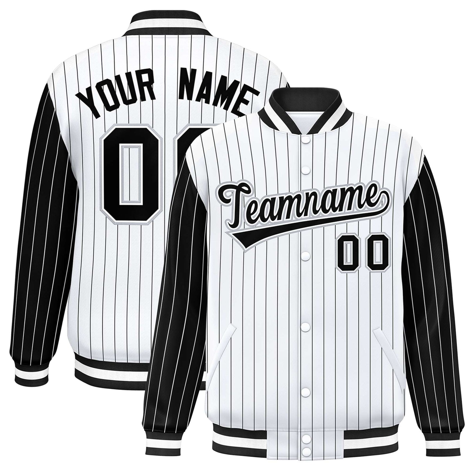 Custom White Black Pinstripe Gray-Black Bomber Full-Snap Varsity Letterman Jacket