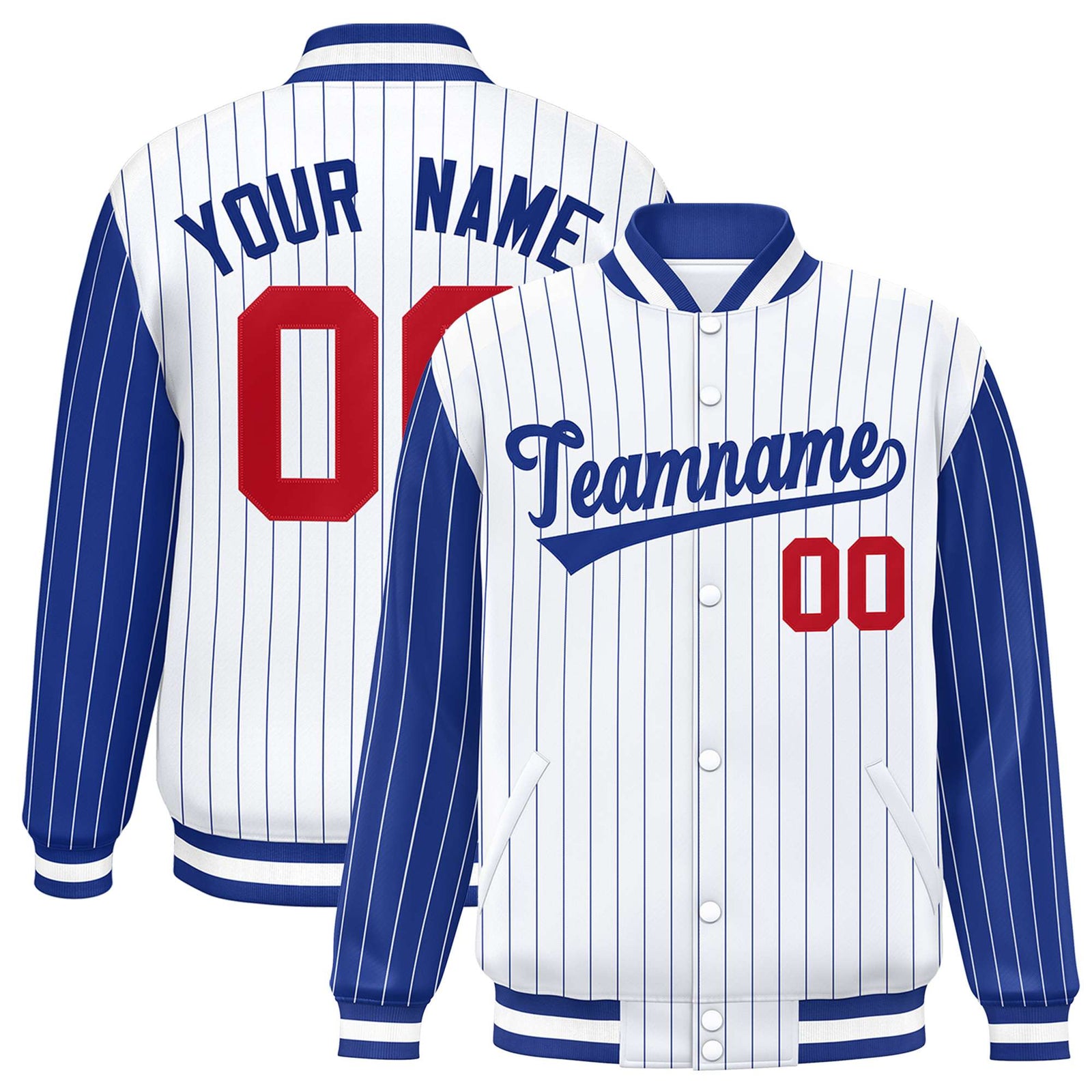 Custom White Royal-Blue Pinstripe Red Royal-Blue Bomber Full-Snap Varsity Letterman Jacket