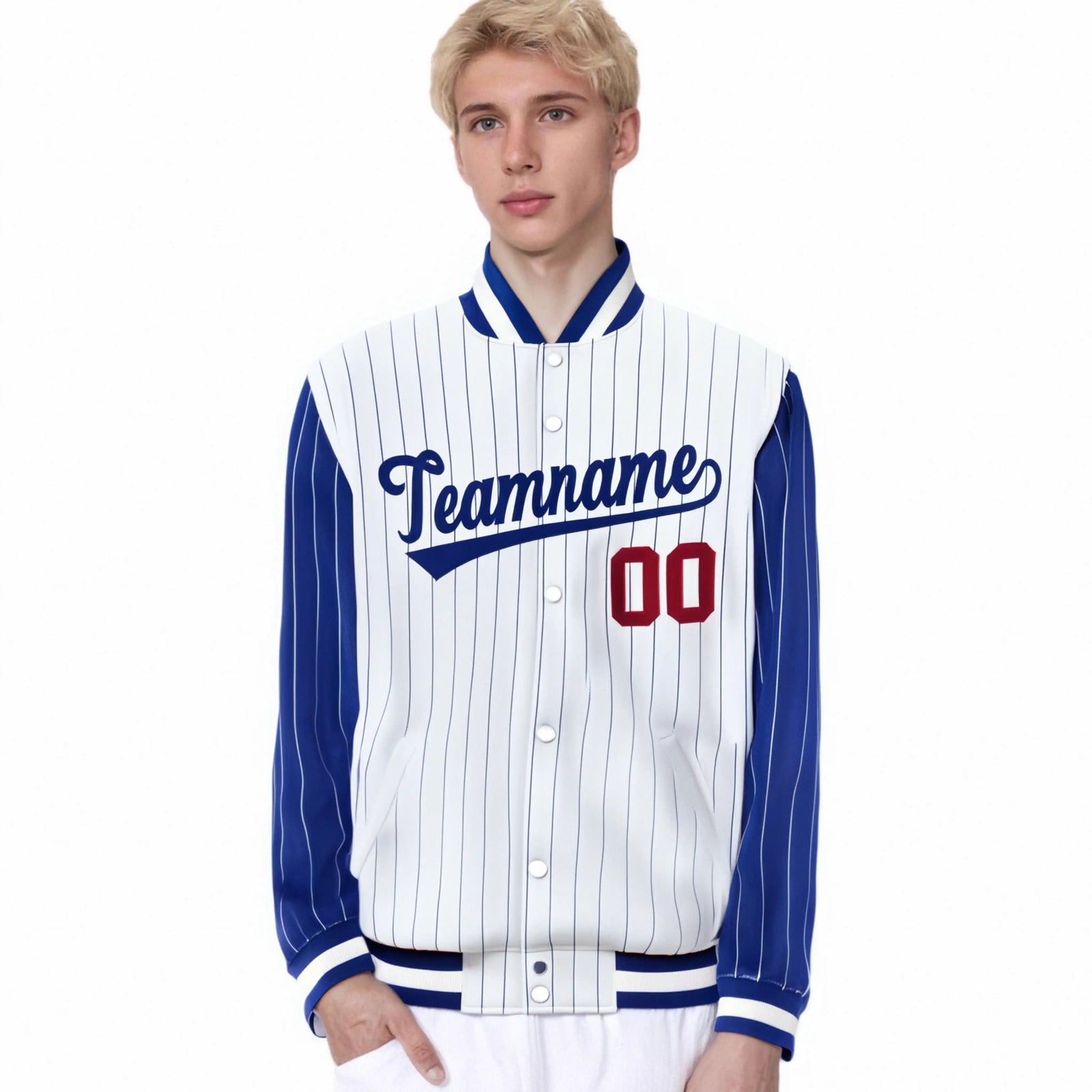 Custom White Royal-Blue Pinstripe Red Royal-Blue Bomber Full-Snap Varsity Letterman Jacket
