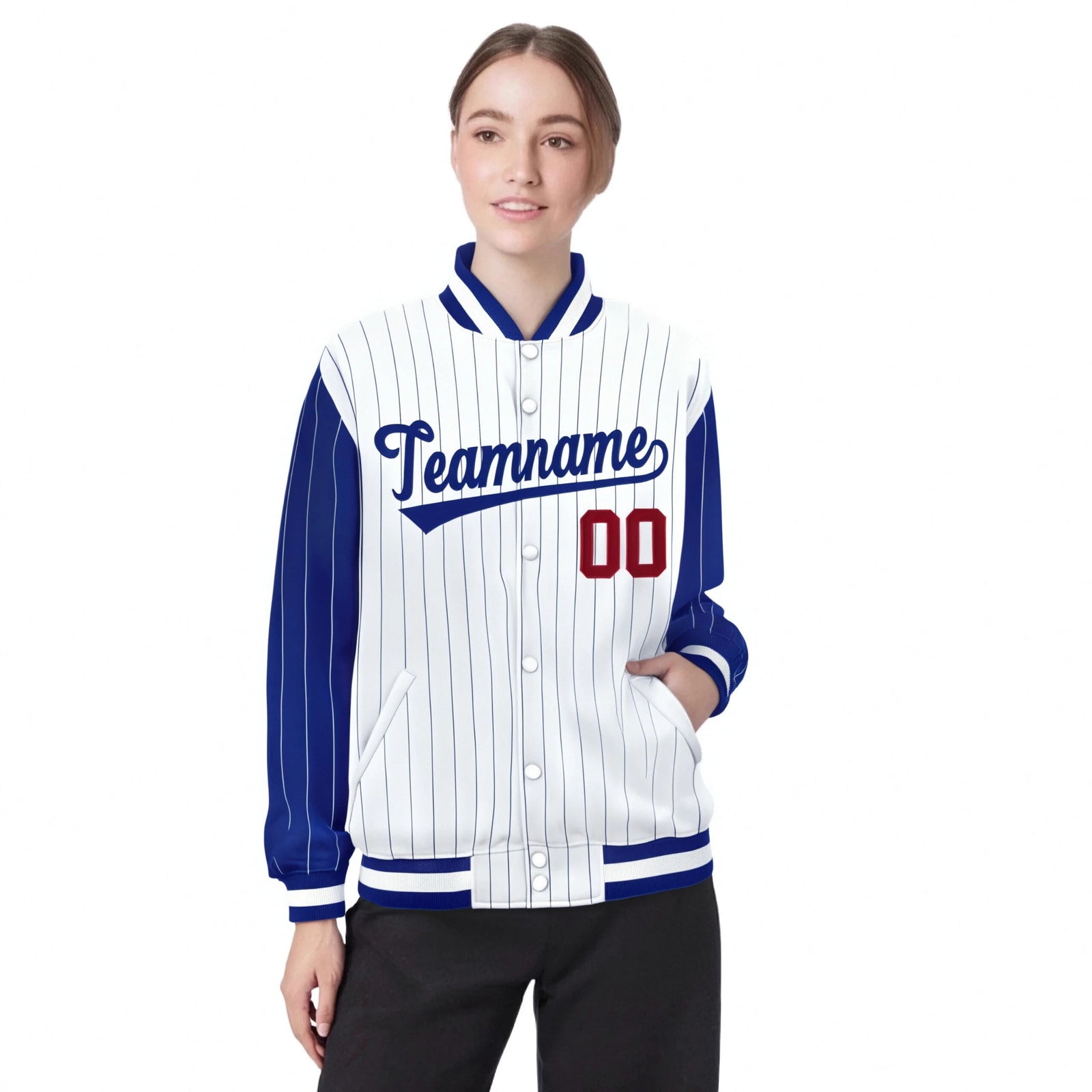 Custom White Royal-Blue Pinstripe Red Royal-Blue Bomber Full-Snap Varsity Letterman Jacket