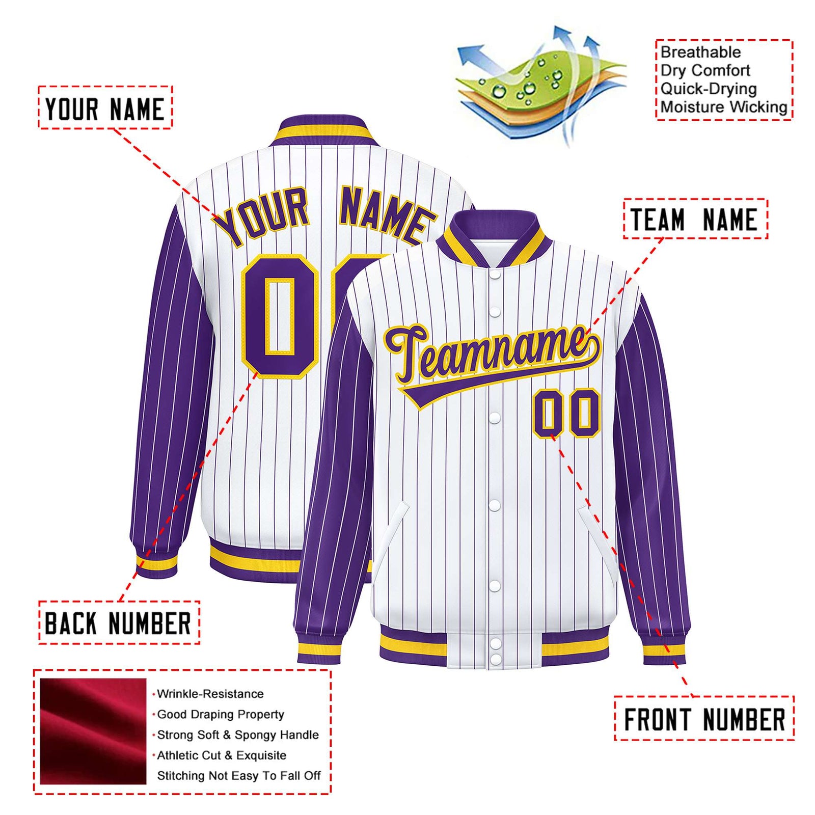 Custom White Purple Pinstripe Glod-Purple Bomber Full-Snap Varsity Letterman Jacket