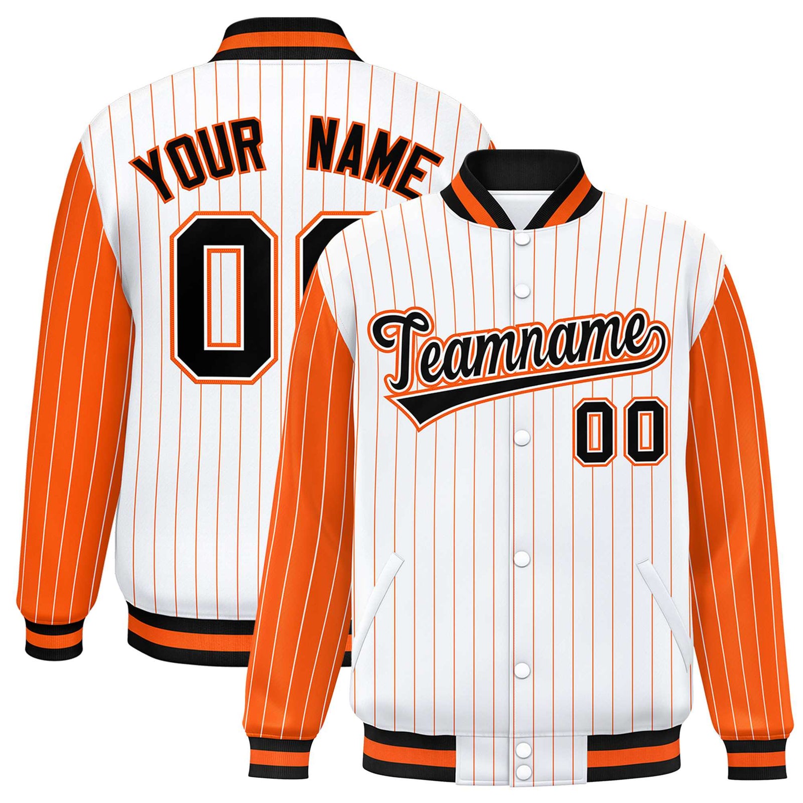 Custom White Orange Pinstripe Orange-Black Bomber Full-Snap Varsity Letterman Jacket