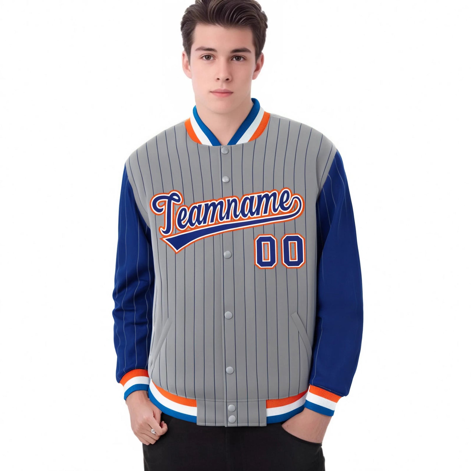 Custom Gray Royal-Blue Pinstripe Orange Royal-Blue Bomber Full-Snap Varsity Letterman Jacket