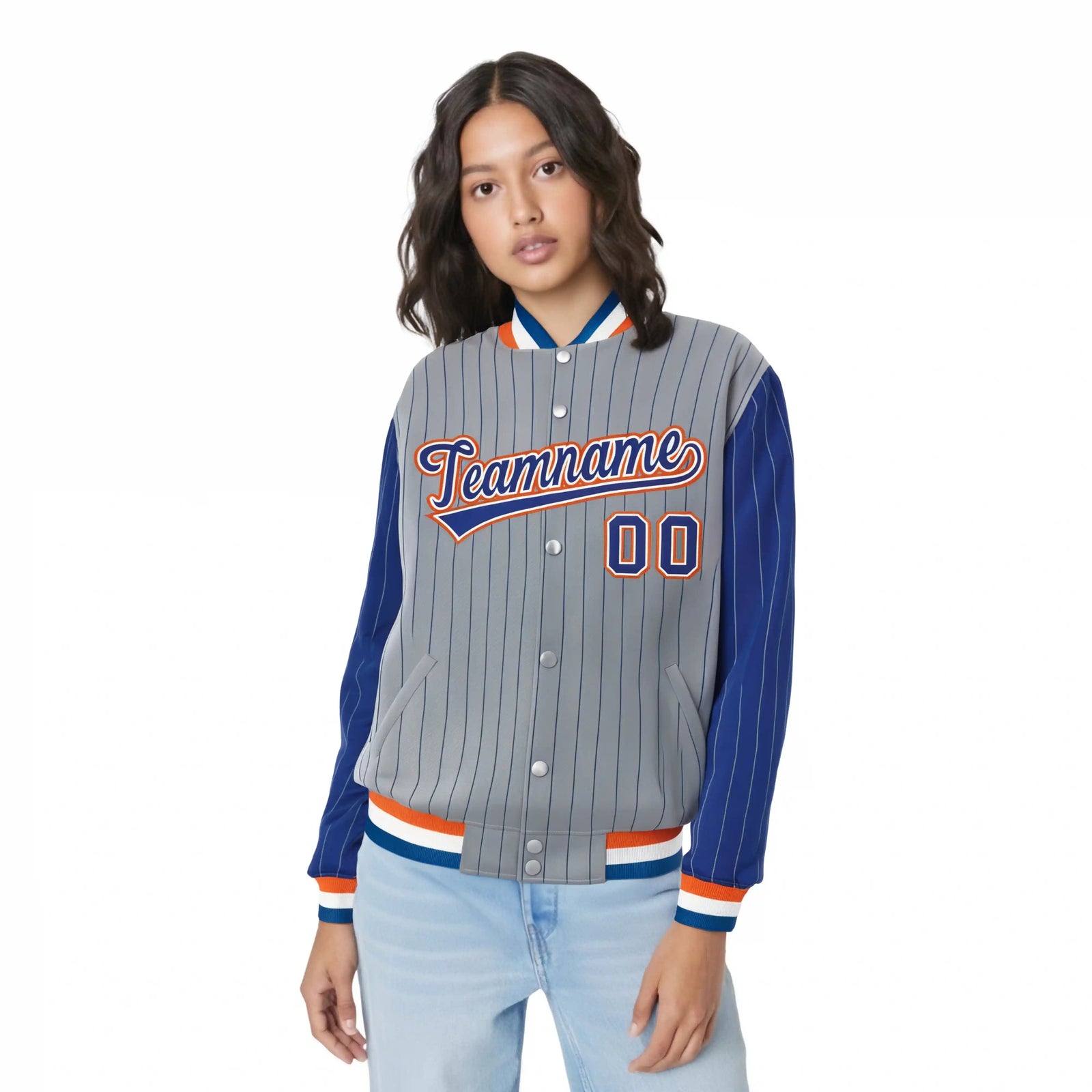 Custom Gray Royal-Blue Pinstripe Orange Royal-Blue Bomber Full-Snap Varsity Letterman Jacket